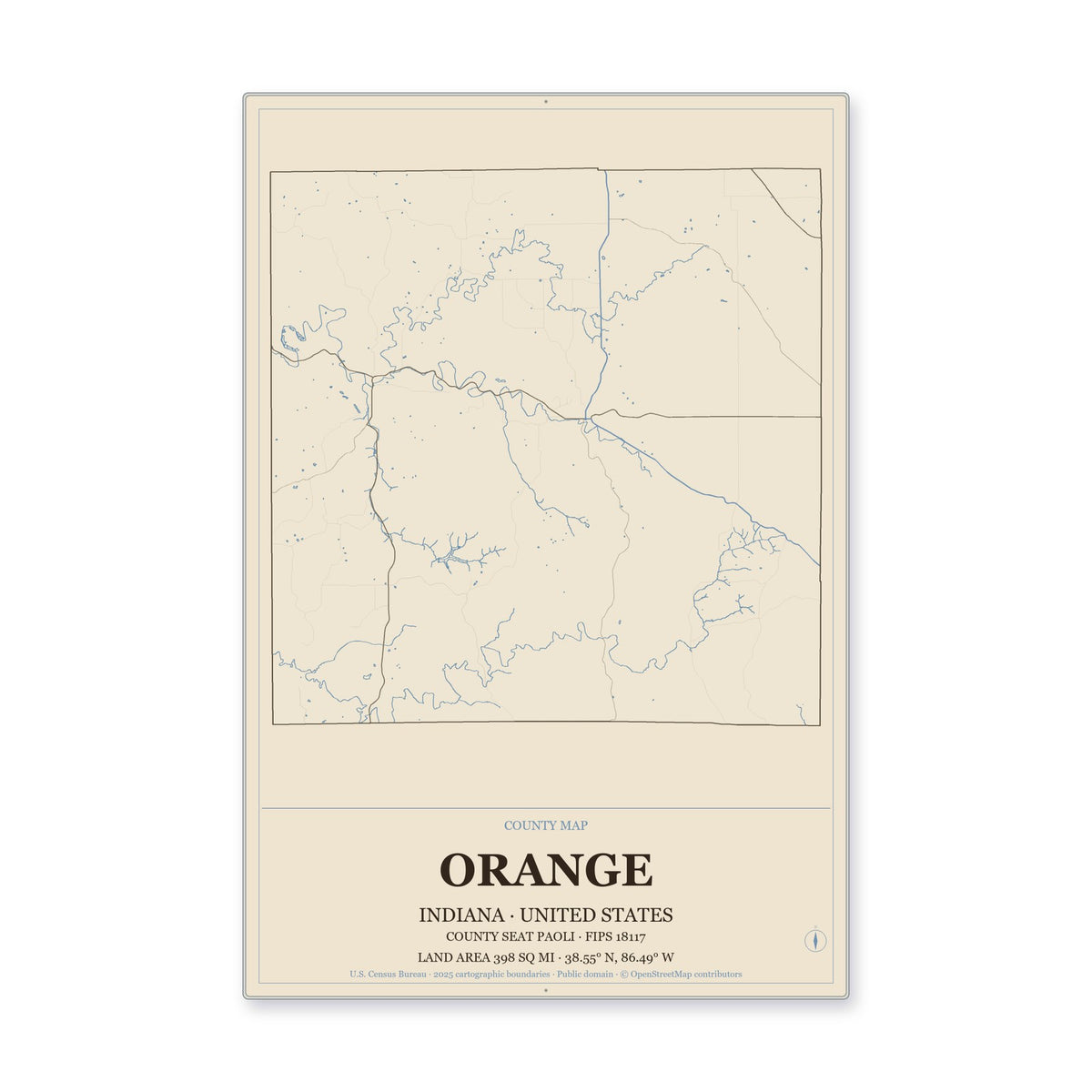 Orange County, Indiana Map Aluminum Sign in Heritage Nautical style