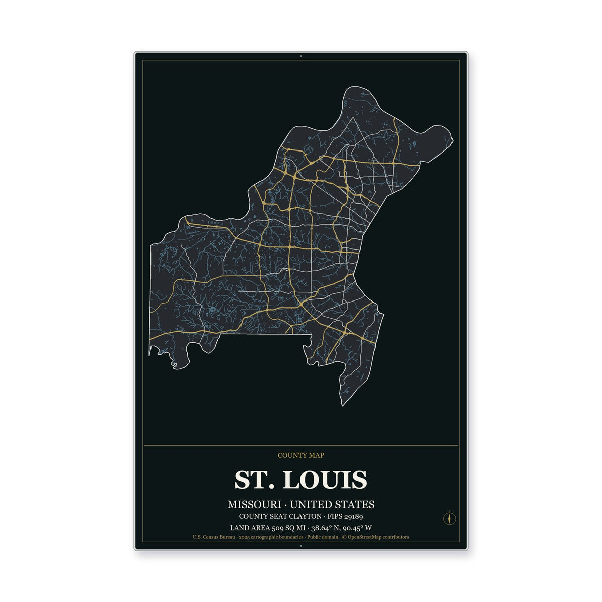 St. Louis County, Missouri Map Aluminum Sign in Metropolitan Noir style