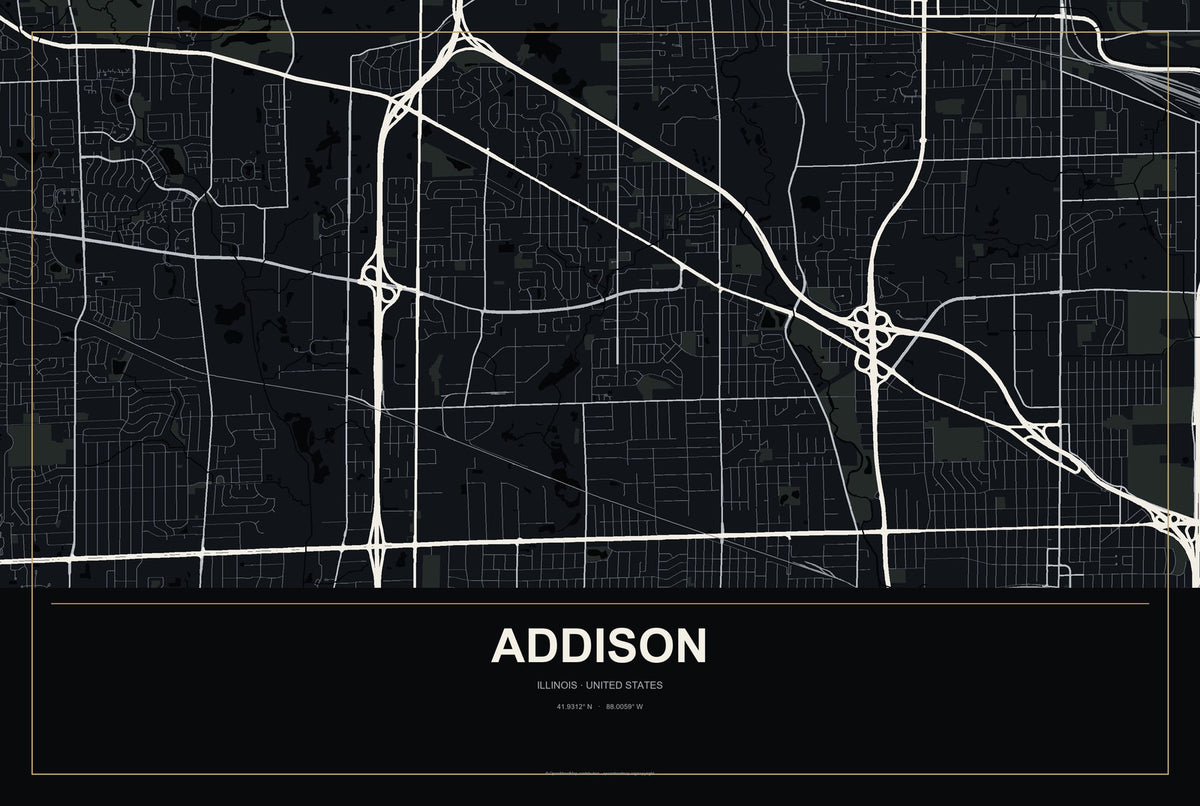 Addison, Illinois City Map Aluminum Sign in Metropolitan Noir style