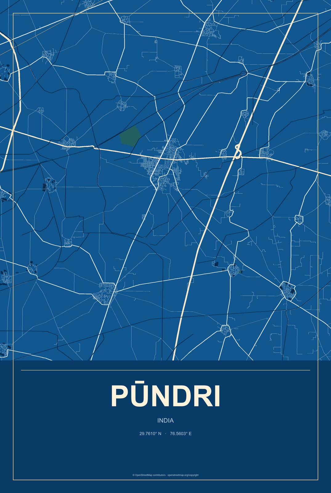 Pūndri, India City Map Aluminum Sign in Harbor Cobalt style