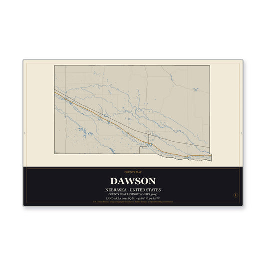 Dawson County, Nebraska Map Aluminum Sign in Museum Plaque style
