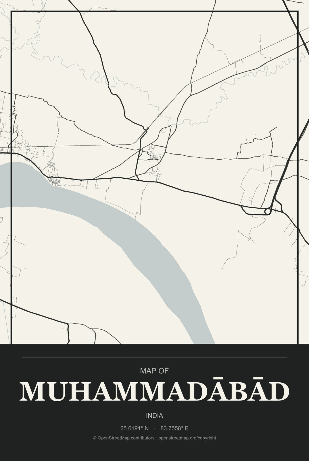 Muhammadābād, India City Map Aluminum Sign in Museum Plaque style