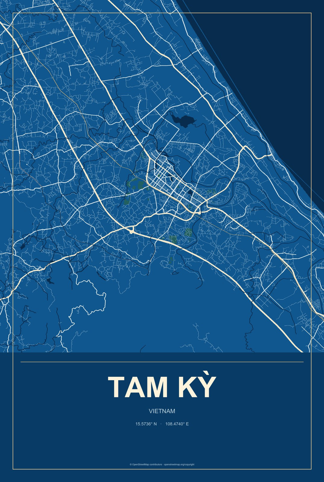 Tam Kỳ, Vietnam City Map Aluminum Sign in Harbor Cobalt style