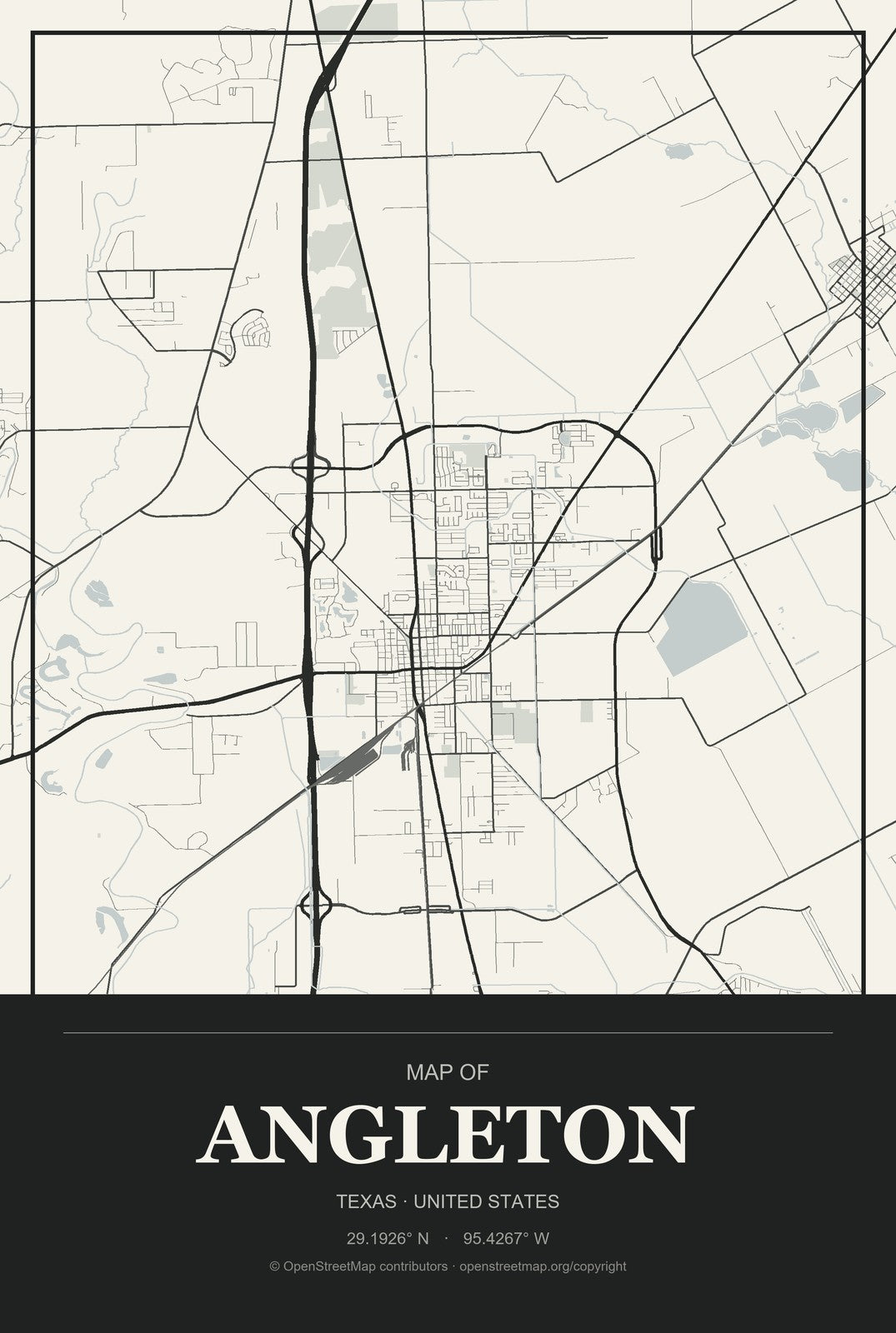 Angleton, Texas City Map Aluminum Sign in Museum Plaque style