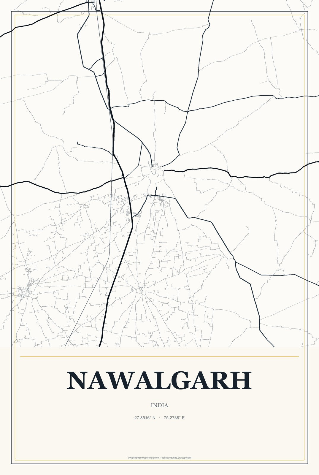 Nawalgarh, India City Map Aluminum Sign in Citrine Modern style