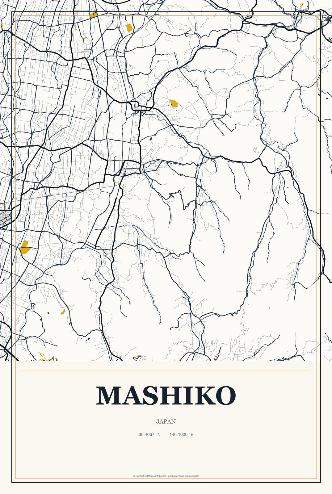 Mashiko, Japan City Map Aluminum Sign in Citrine Modern style