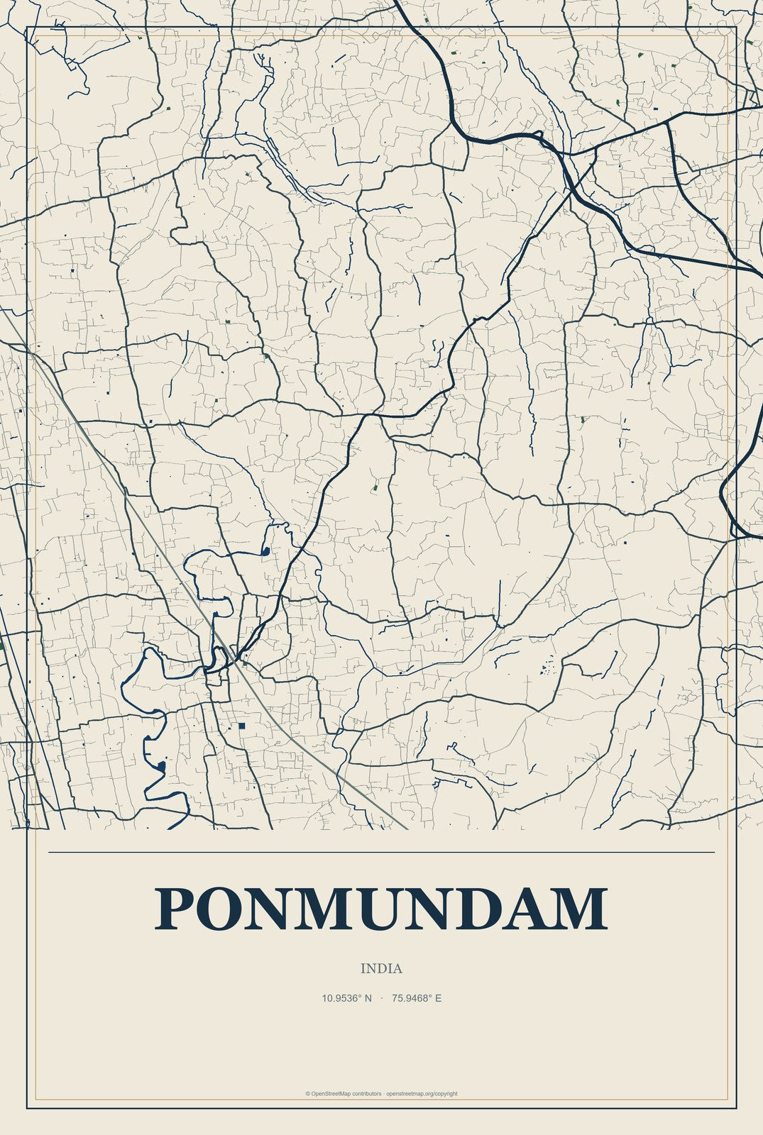 Ponmundam, India City Map Aluminum Sign in Coastal Cutout style