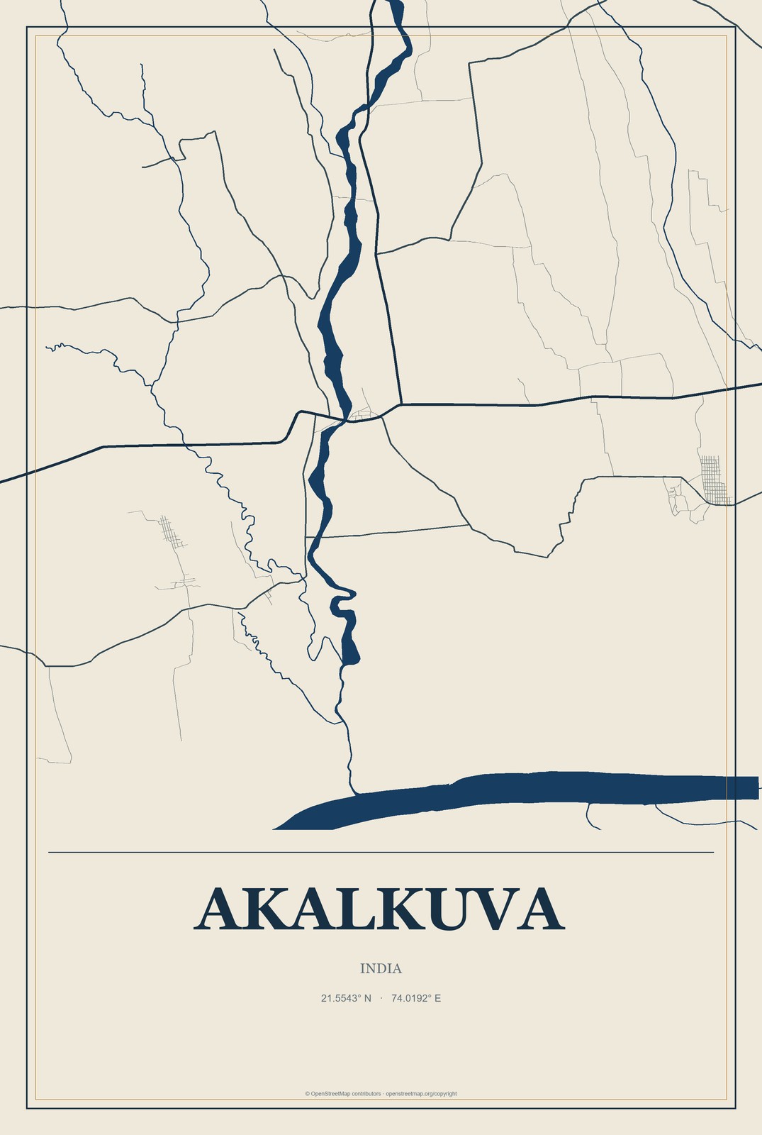 Akalkuva, India City Map Aluminum Sign in Coastal Cutout style