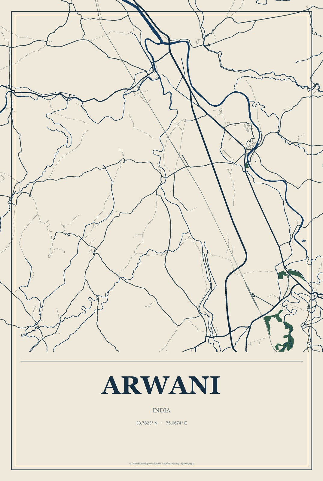 Arwani, India City Map Aluminum Sign in Coastal Cutout style
