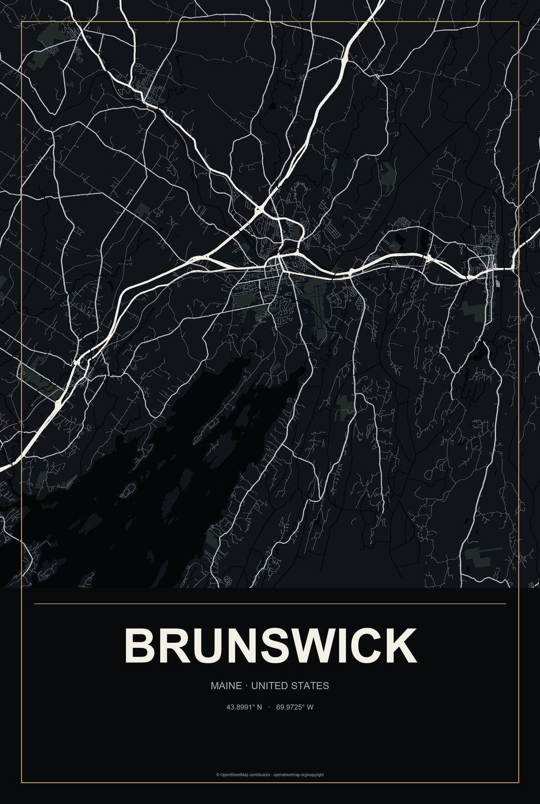 Brunswick, Maine City Map Aluminum Sign in Metropolitan Noir style