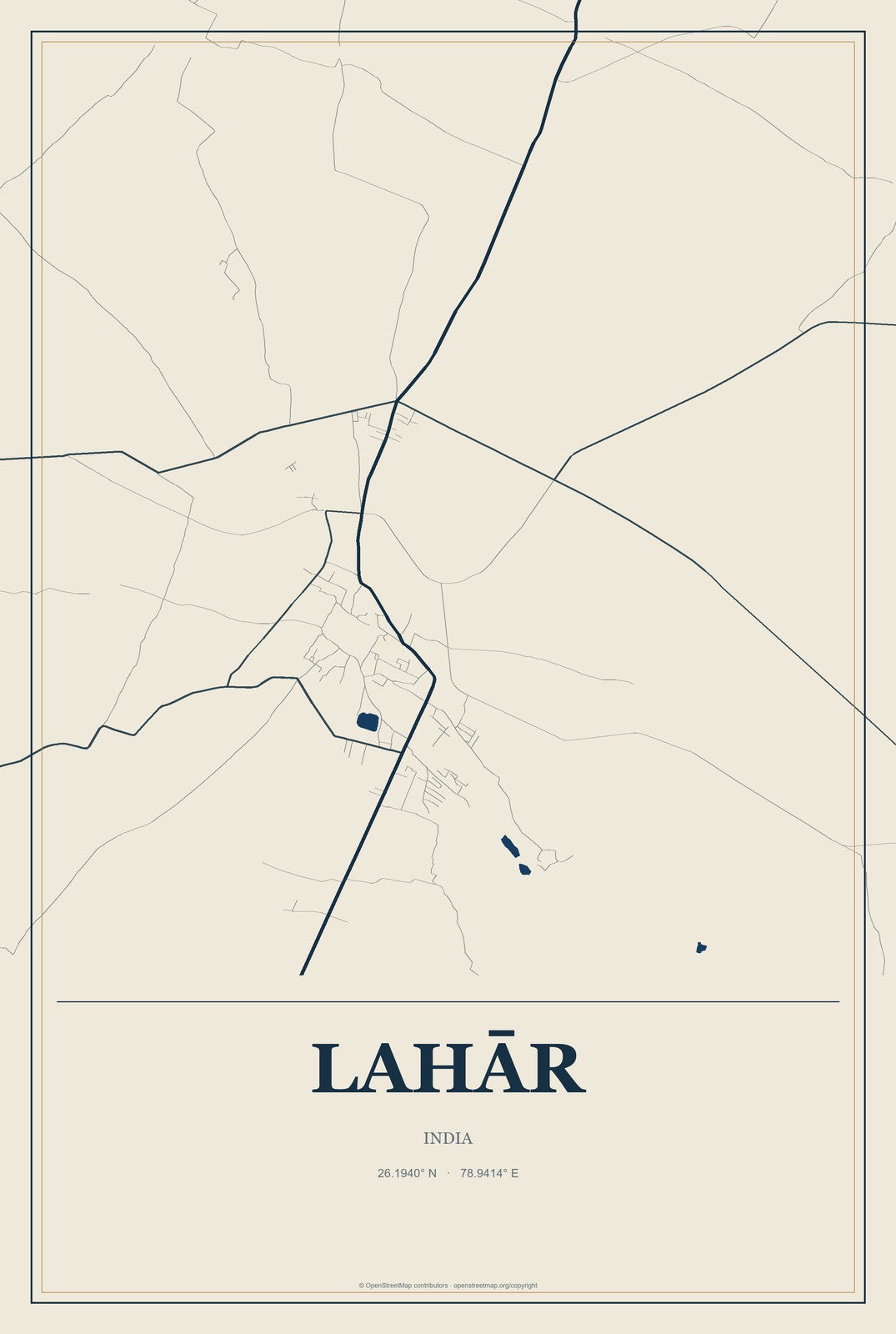 Lahār, India City Map Aluminum Sign in Coastal Cutout style