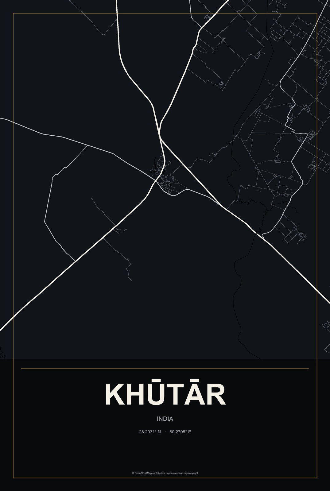 Khūtār, India City Map Aluminum Sign in Metropolitan Noir style