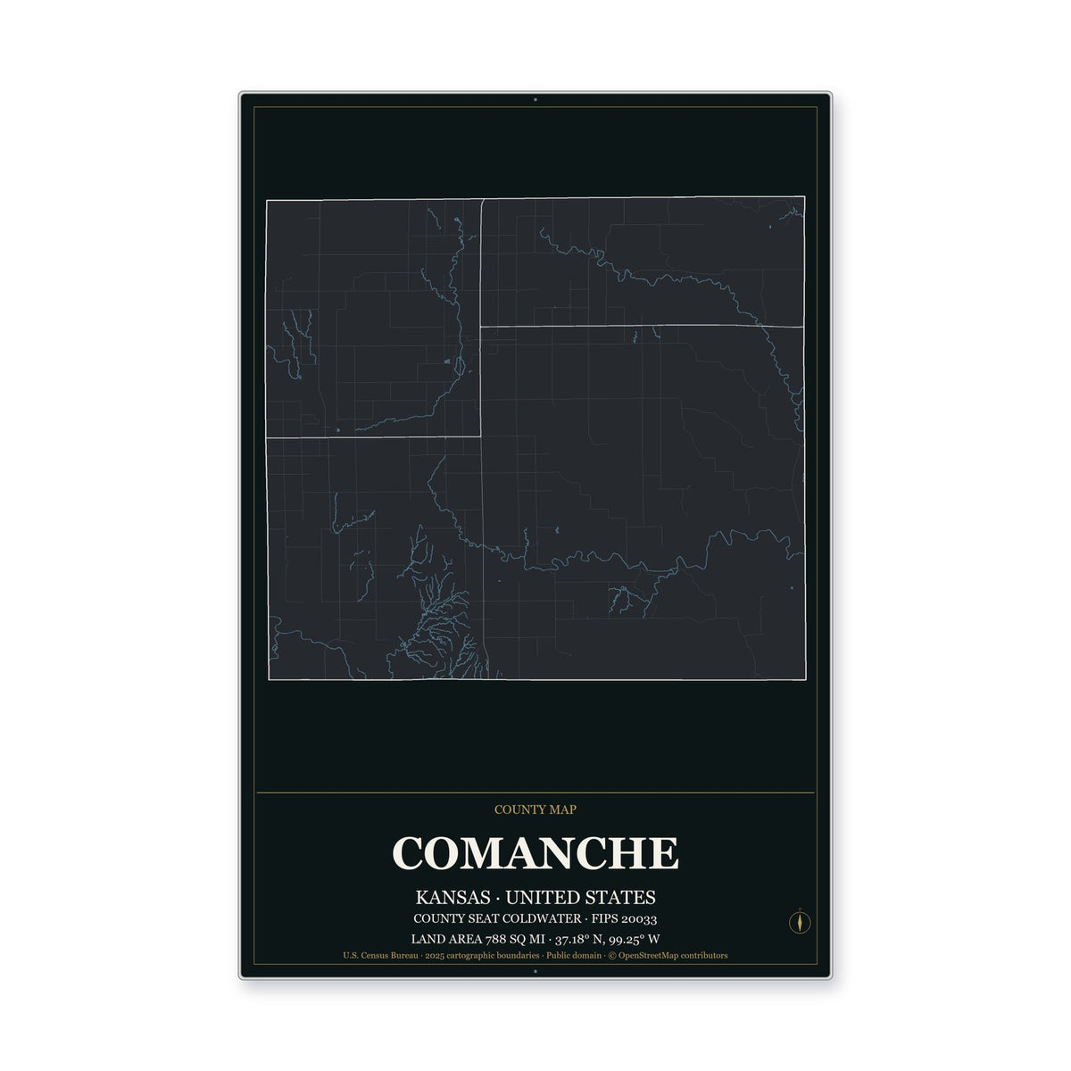 Comanche County, Kansas Map Aluminum Sign in Metropolitan Noir style