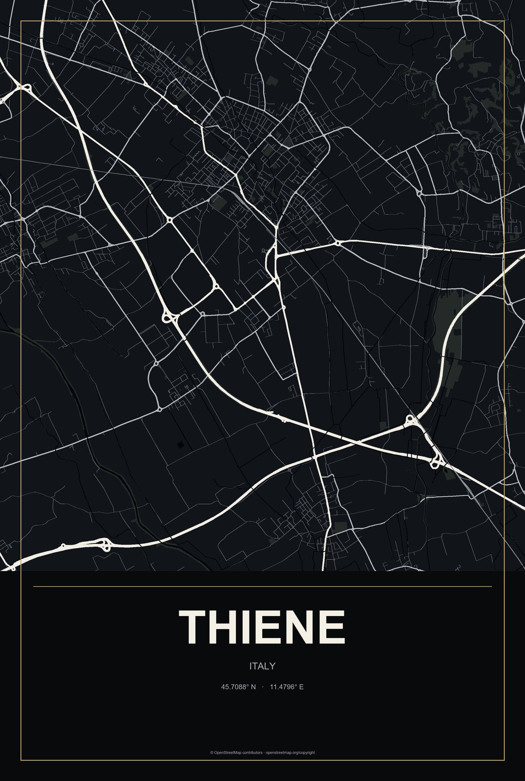 Thiene, Italy City Map Aluminum Sign in Metropolitan Noir style