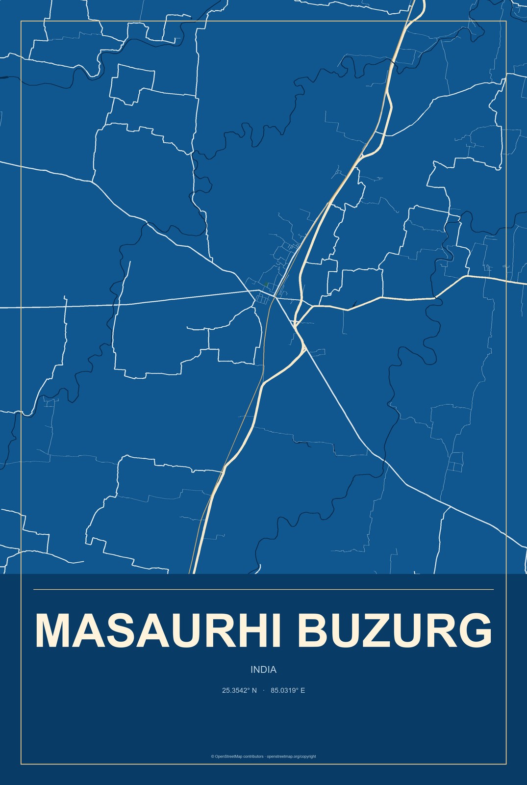 Masaurhi Buzurg, India City Map Aluminum Sign in Harbor Cobalt style