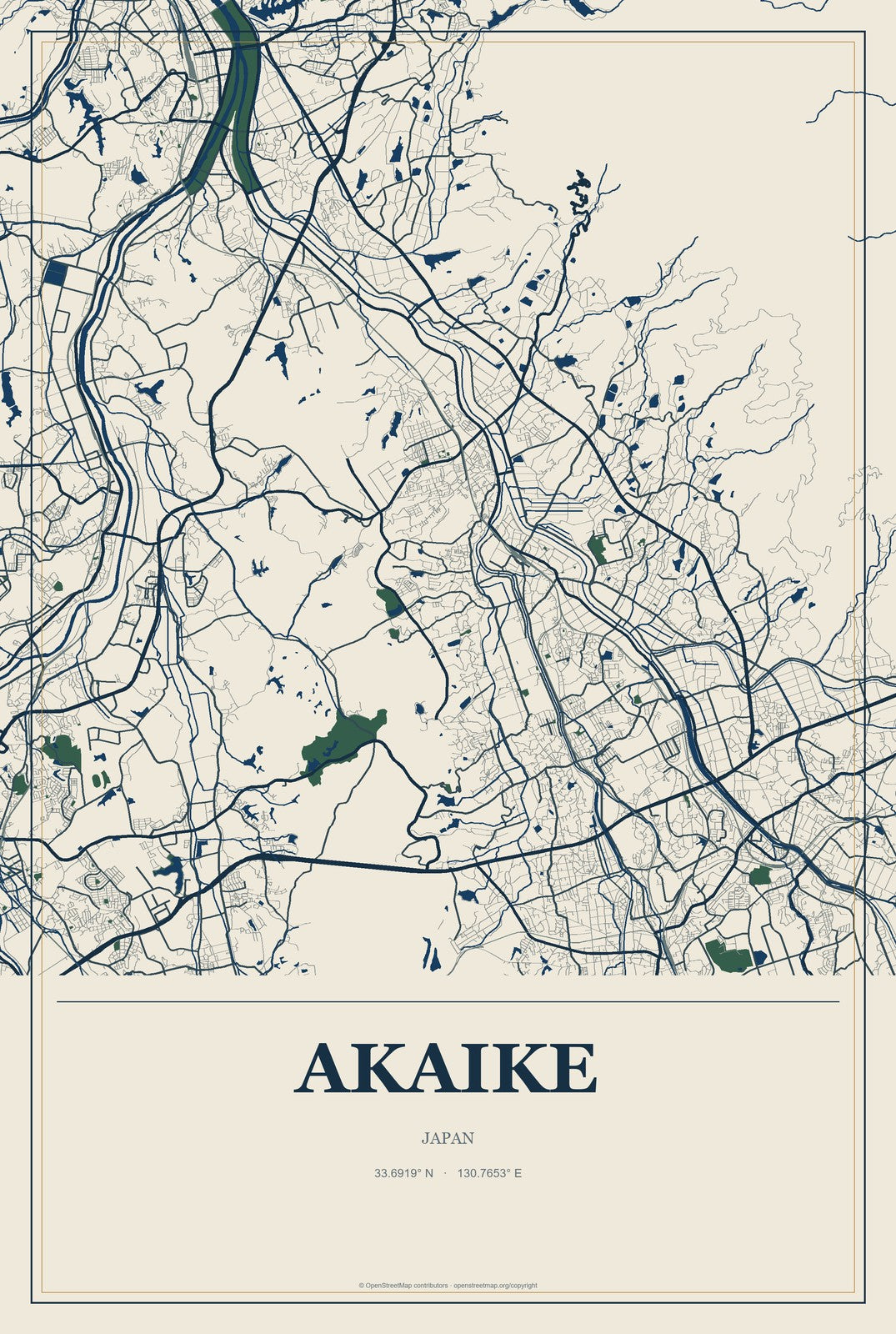 Akaike, Japan City Map Aluminum Sign in Coastal Cutout style