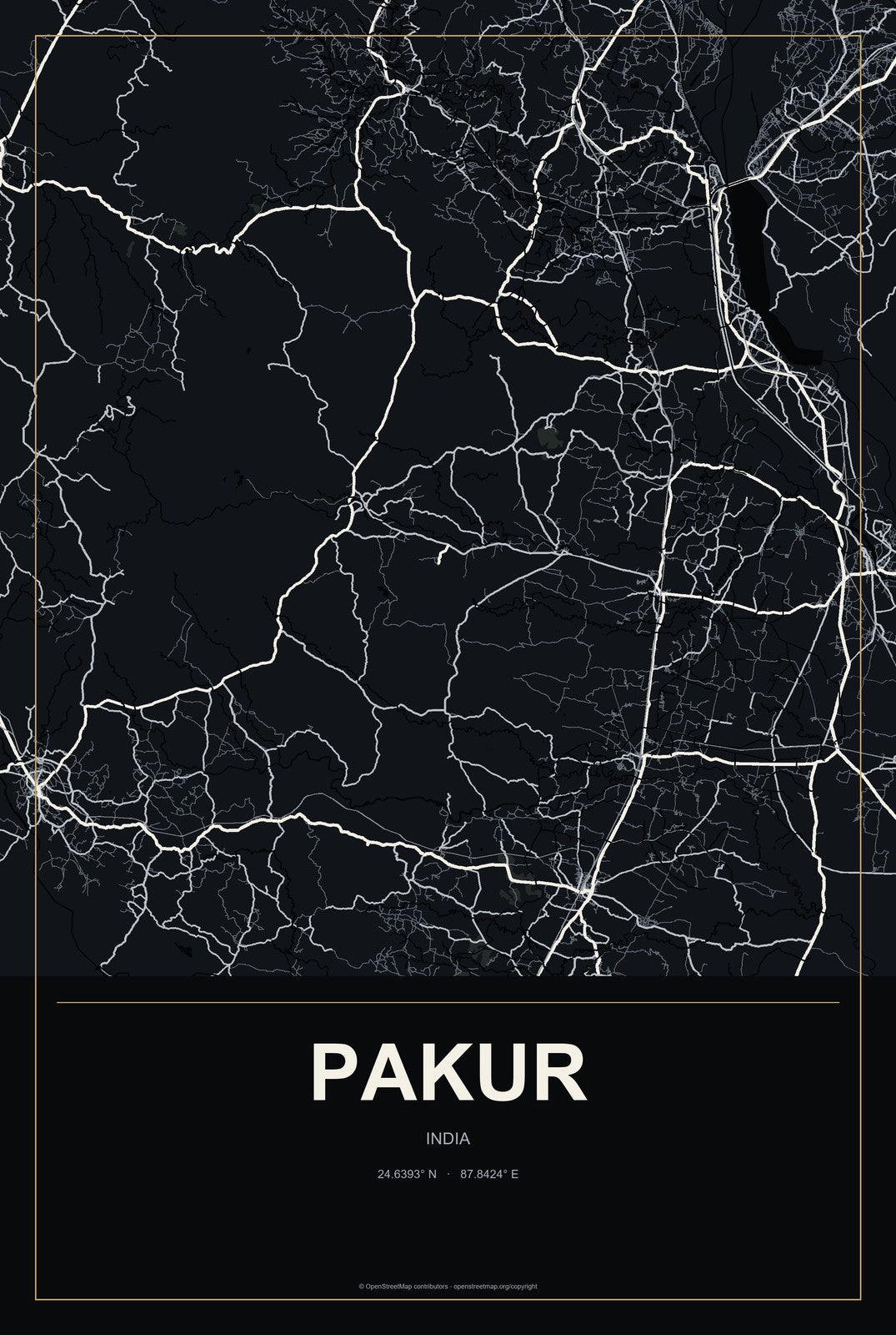 Pakur, India City Map Aluminum Sign in Metropolitan Noir style