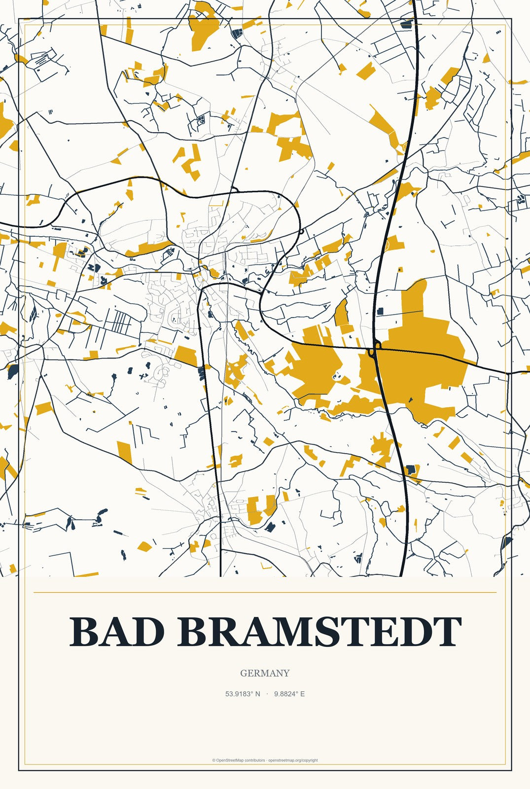 Bad Bramstedt, Germany City Map Aluminum Sign in Citrine Modern style