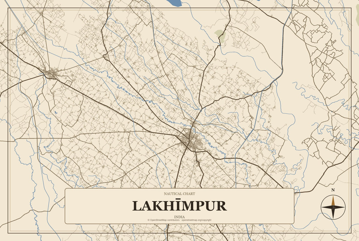 Lakhīmpur, India City Map Aluminum Sign in Heritage Nautical style
