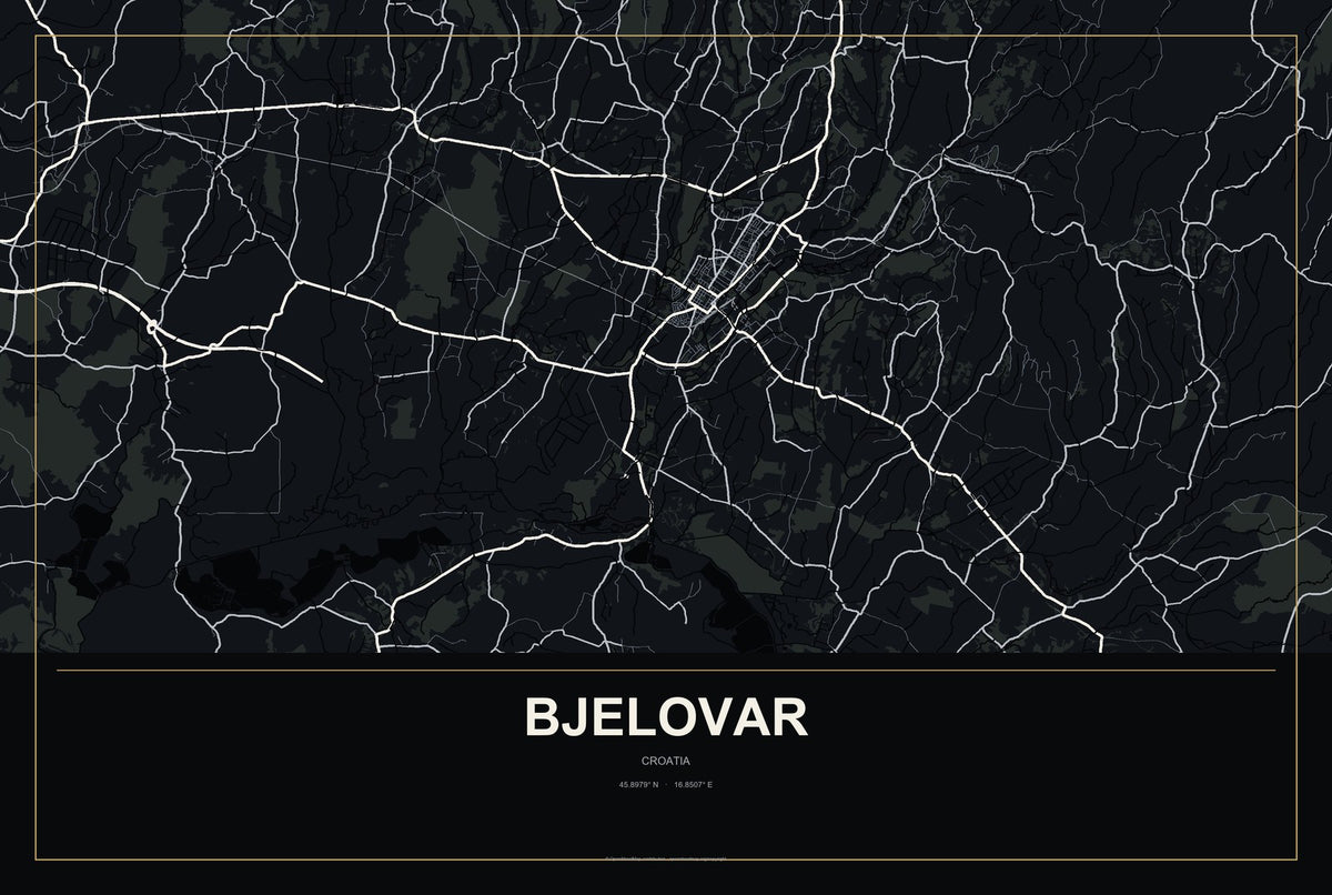 Bjelovar, Croatia City Map Aluminum Sign in Metropolitan Noir style