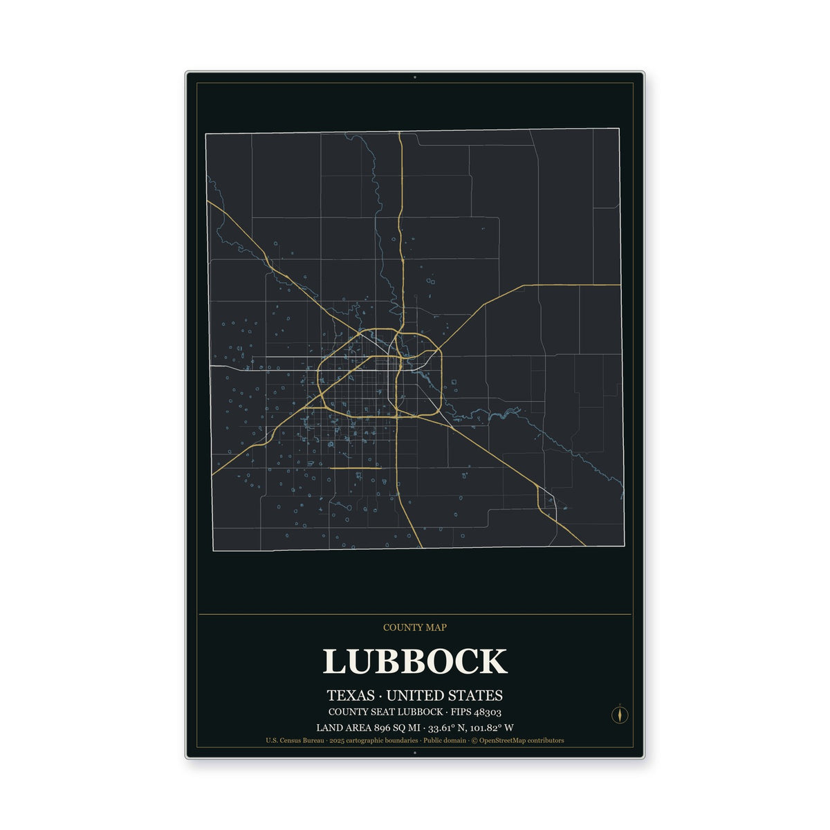 Lubbock County, Texas Map Aluminum Sign in Metropolitan Noir style