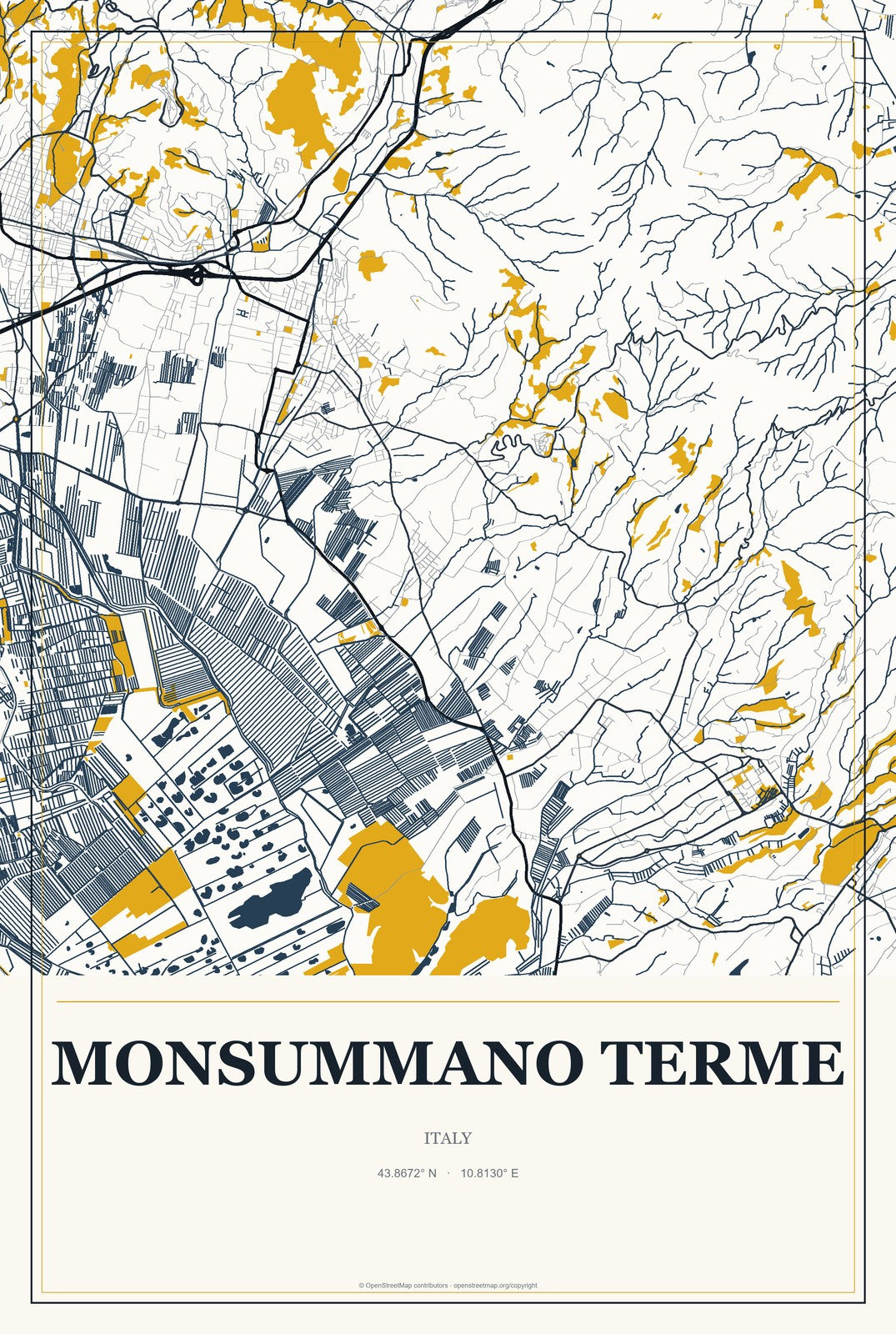 Monsummano Terme, Italy City Map Aluminum Sign in Citrine Modern style