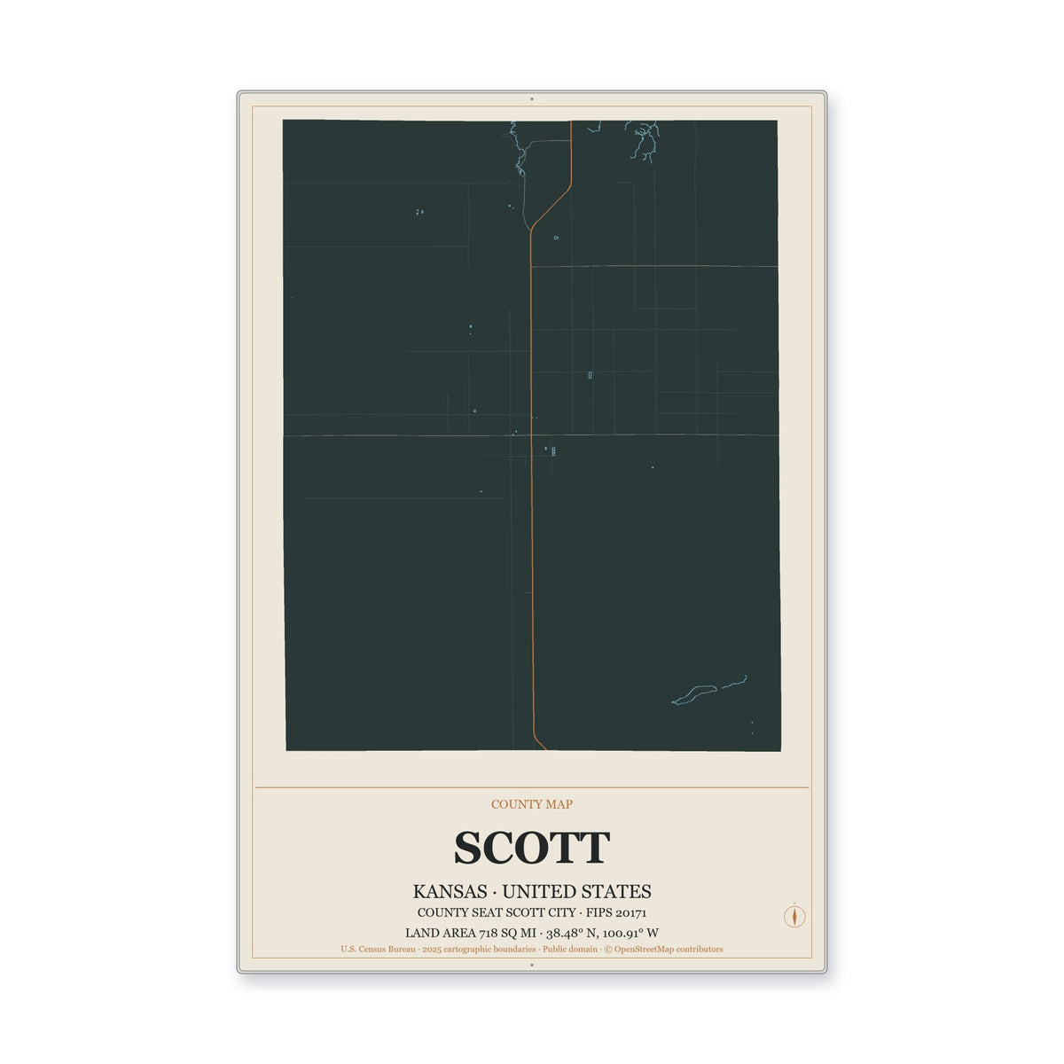 Scott County, Kansas Map Aluminum Sign in Headline Atlas style