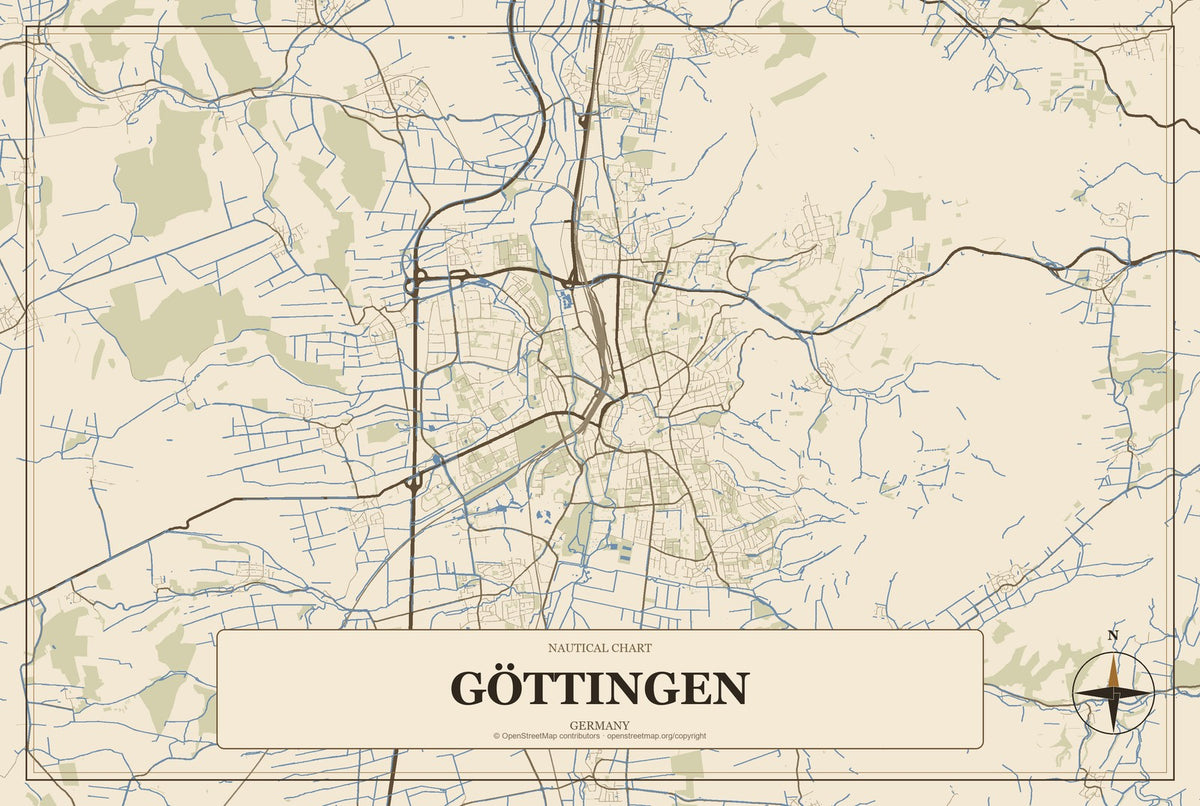 Göttingen, Germany City Map Aluminum Sign in Heritage Nautical style