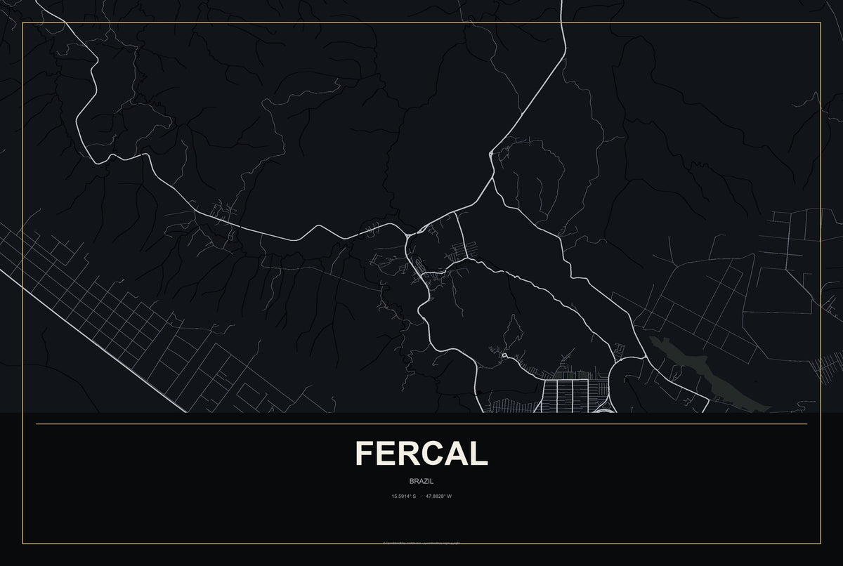 Fercal, Brazil City Map Aluminum Sign in Metropolitan Noir style