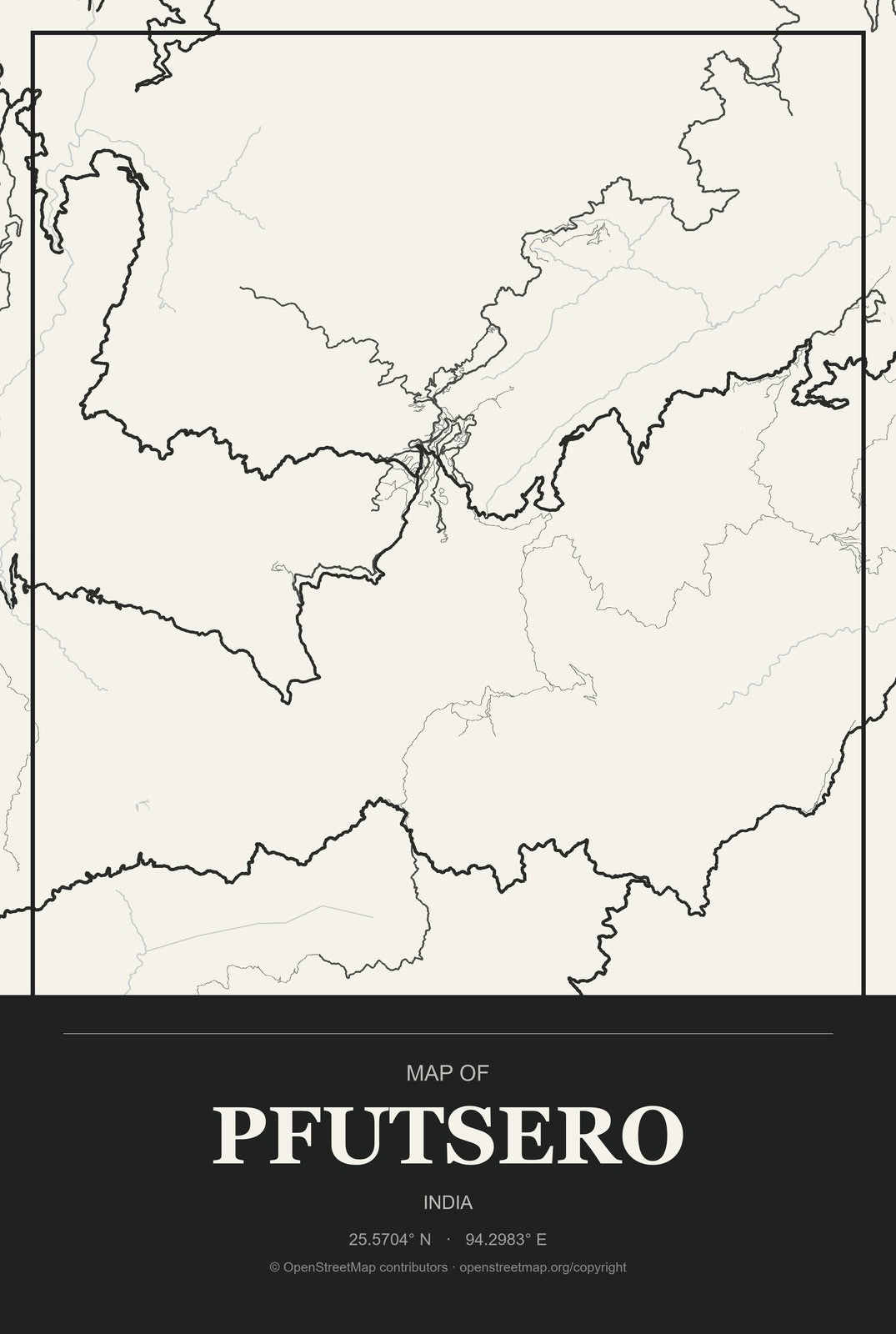 Pfutsero, India City Map Aluminum Sign in Museum Plaque style