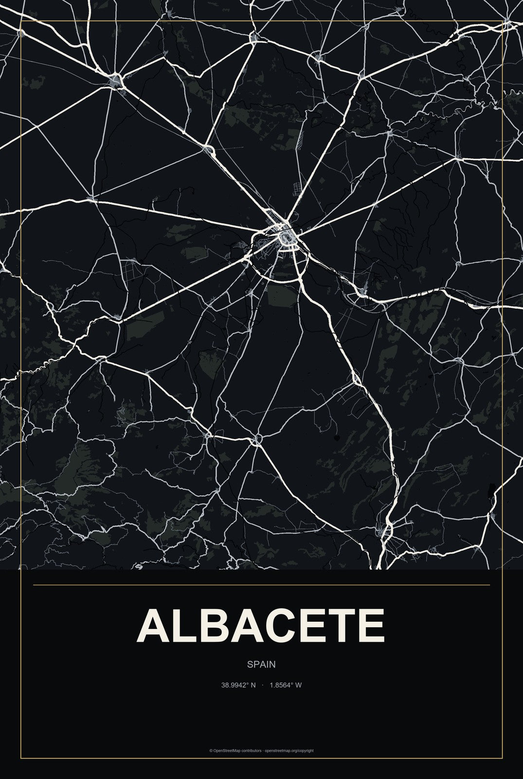 Albacete, Spain City Map Aluminum Sign in Metropolitan Noir style