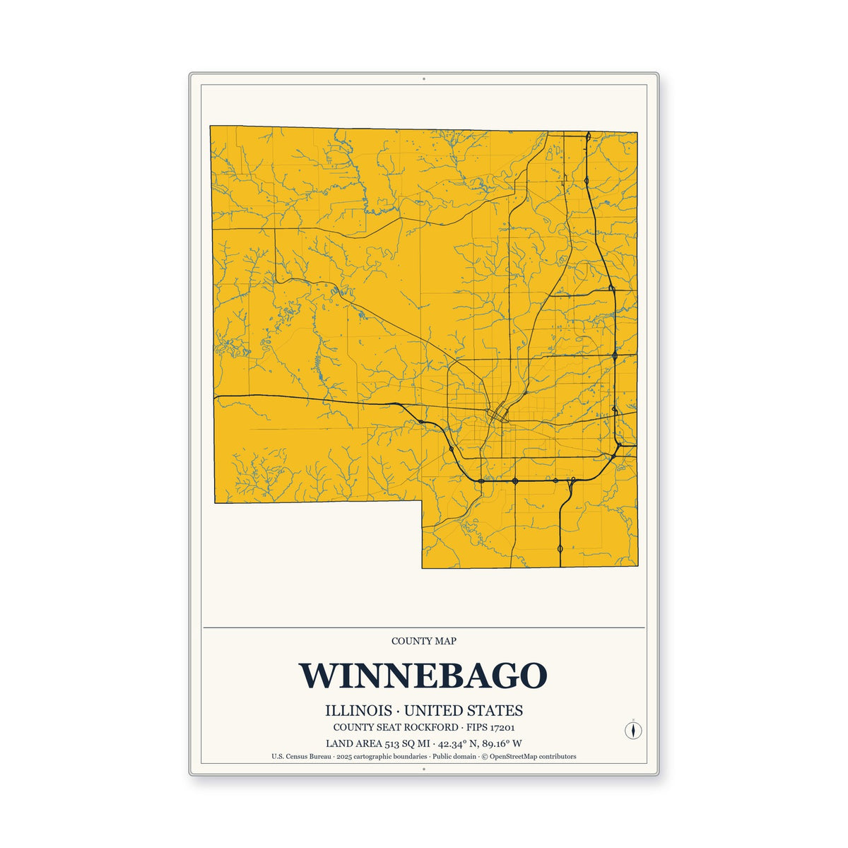 Winnebago County, Illinois Map Aluminum Sign in Citrine Modern style