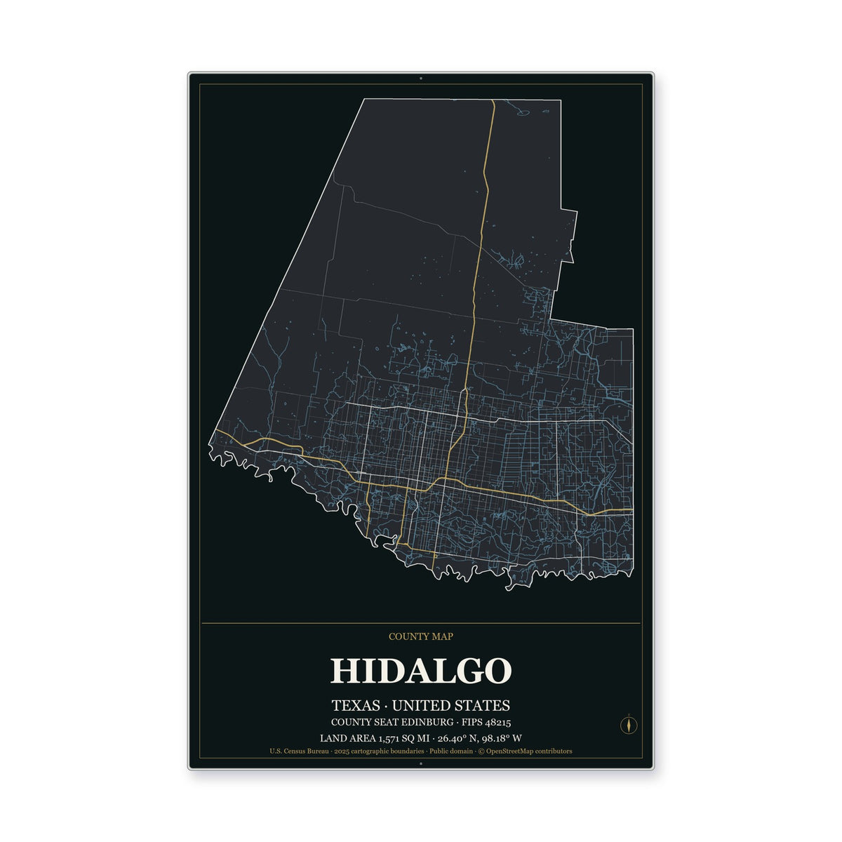 Hidalgo County, Texas Map Aluminum Sign in Metropolitan Noir style