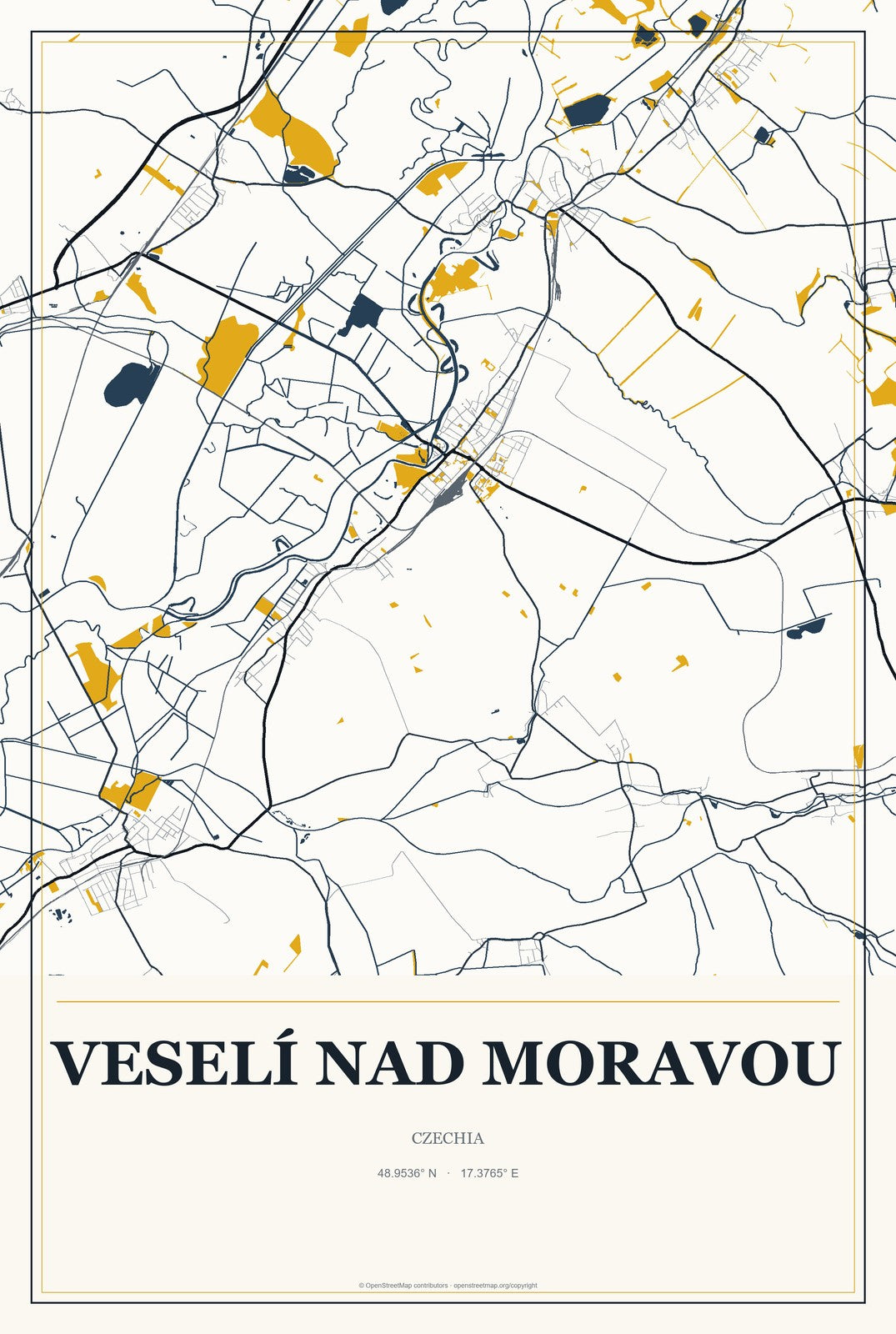 Veselí nad Moravou, Czechia City Map Aluminum Sign in Citrine Modern style