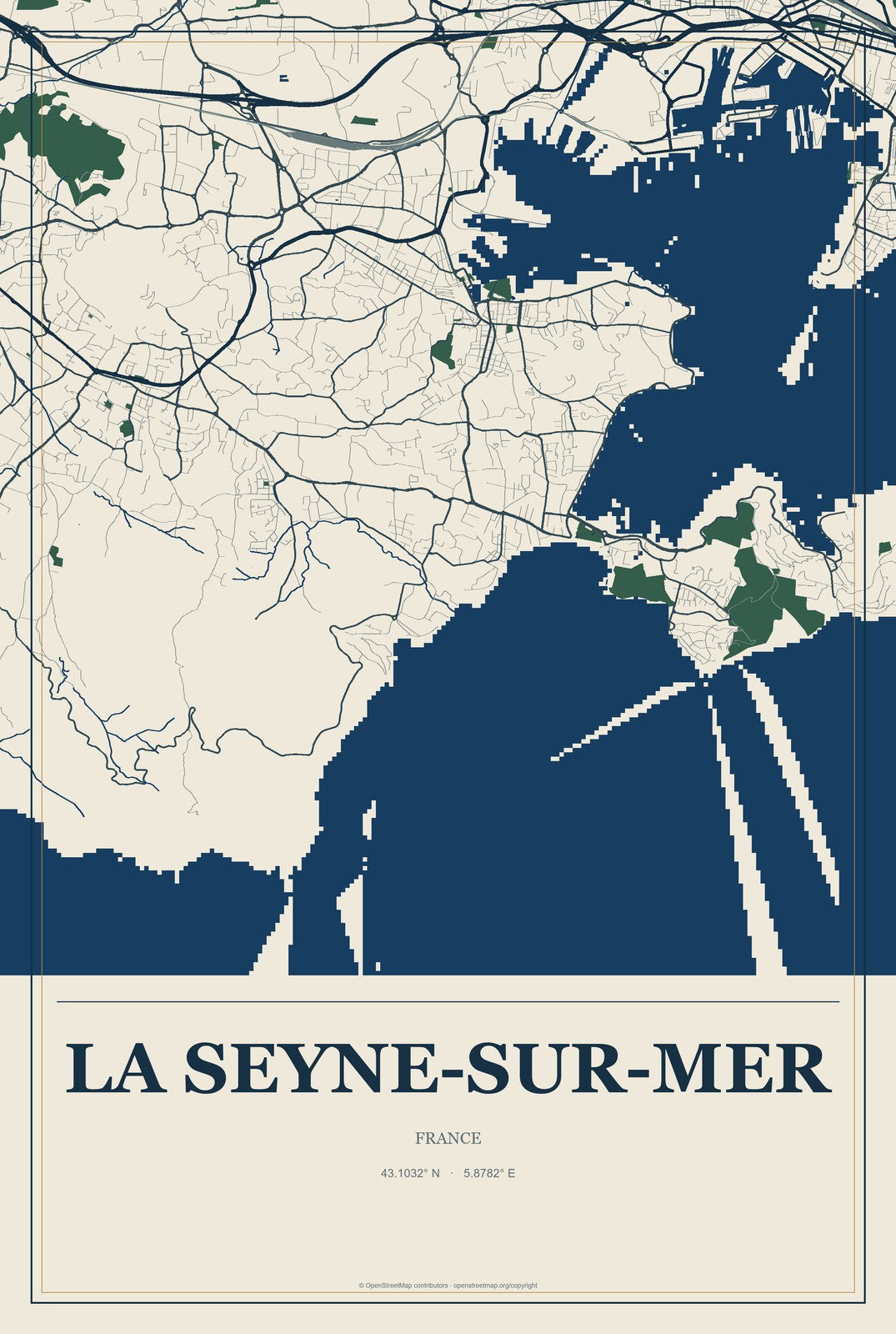 La Seyne-sur-Mer, France City Map Aluminum Sign in Coastal Cutout style