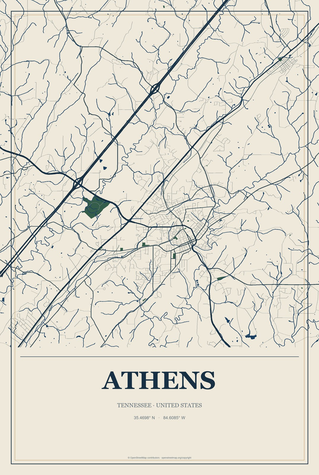 Athens, Tennessee City Map Aluminum Sign in Coastal Cutout style
