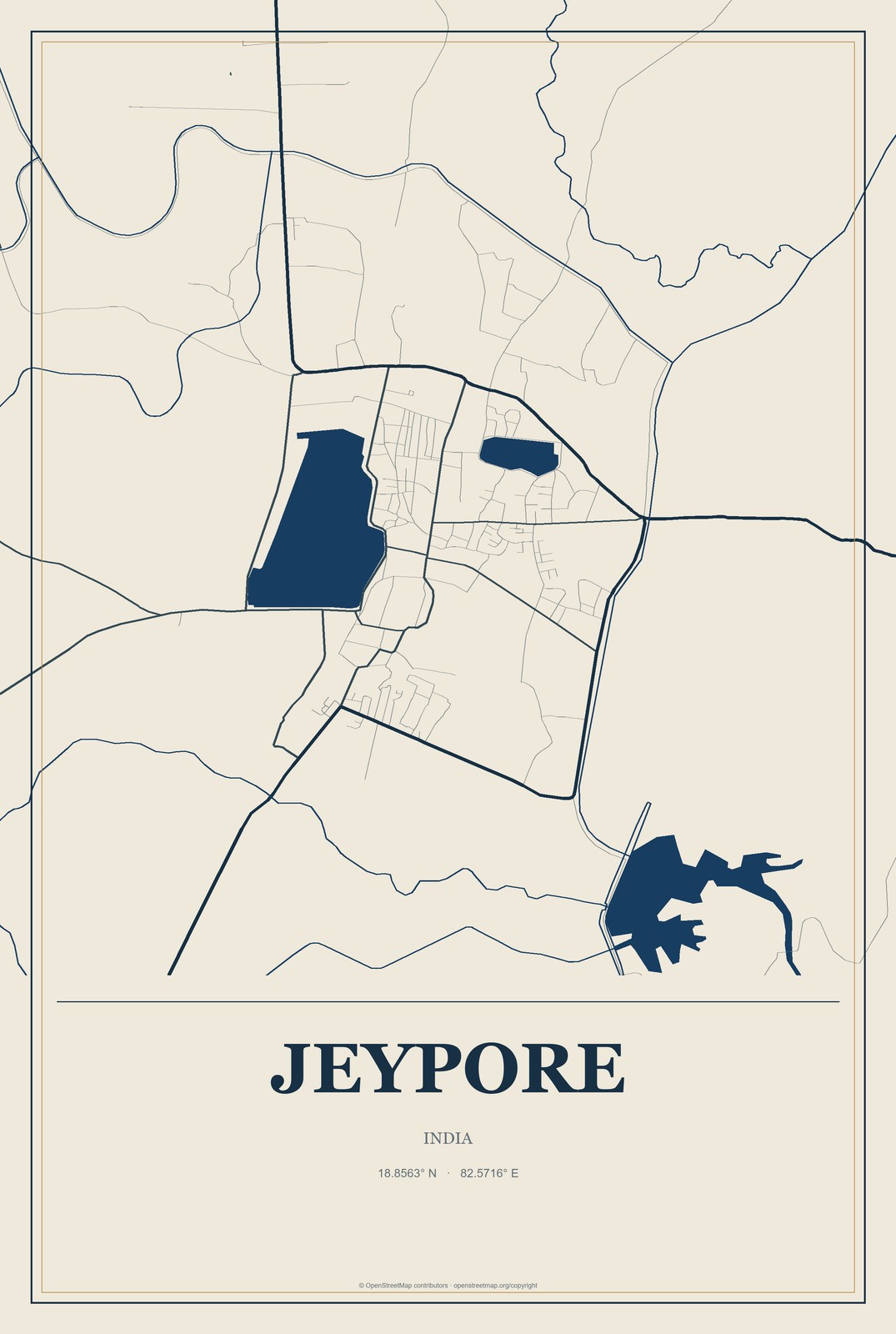 Jeypore, India City Map Aluminum Sign in Coastal Cutout style