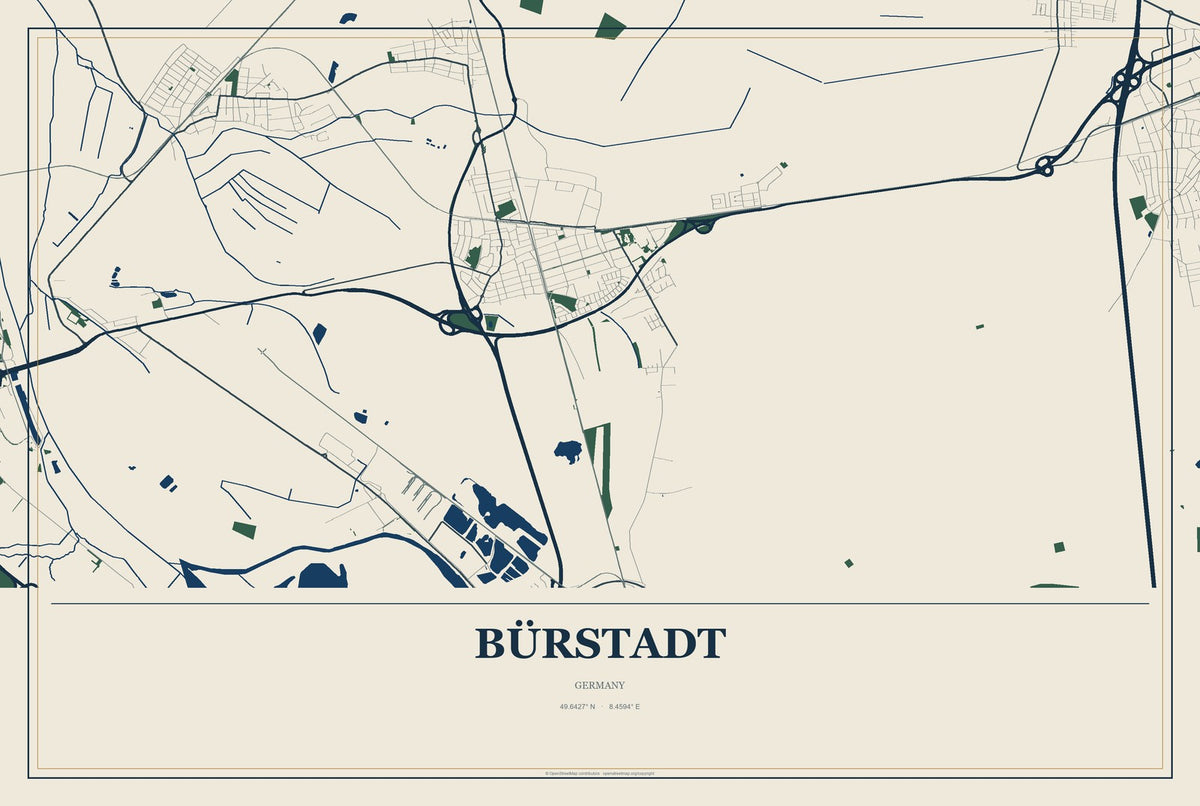 Bürstadt, Germany City Map Aluminum Sign in Coastal Cutout style
