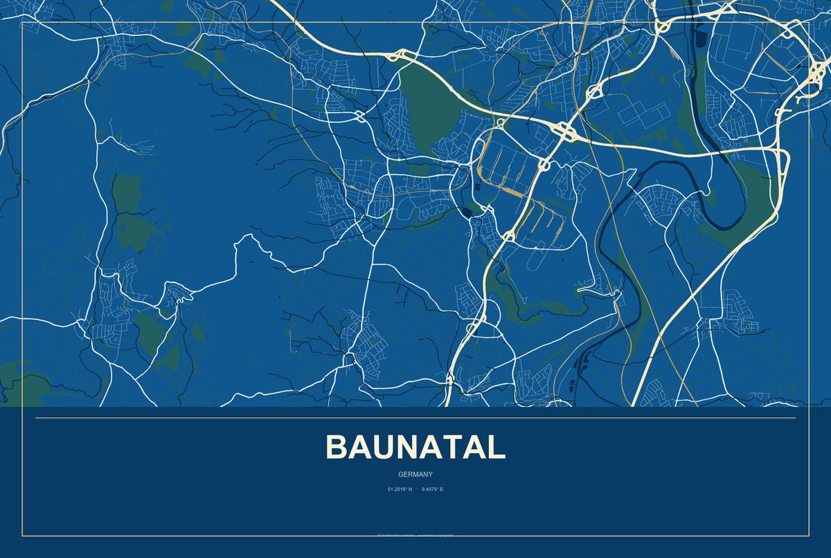 Baunatal, Germany City Map Aluminum Sign in Harbor Cobalt style