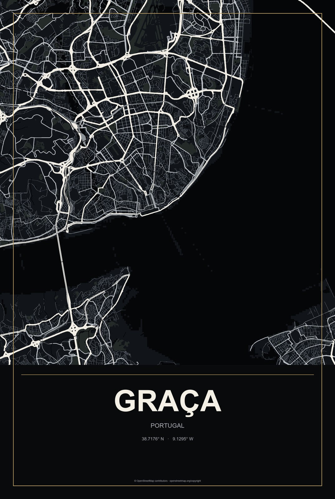 Graça, Portugal City Map Aluminum Sign in Metropolitan Noir style