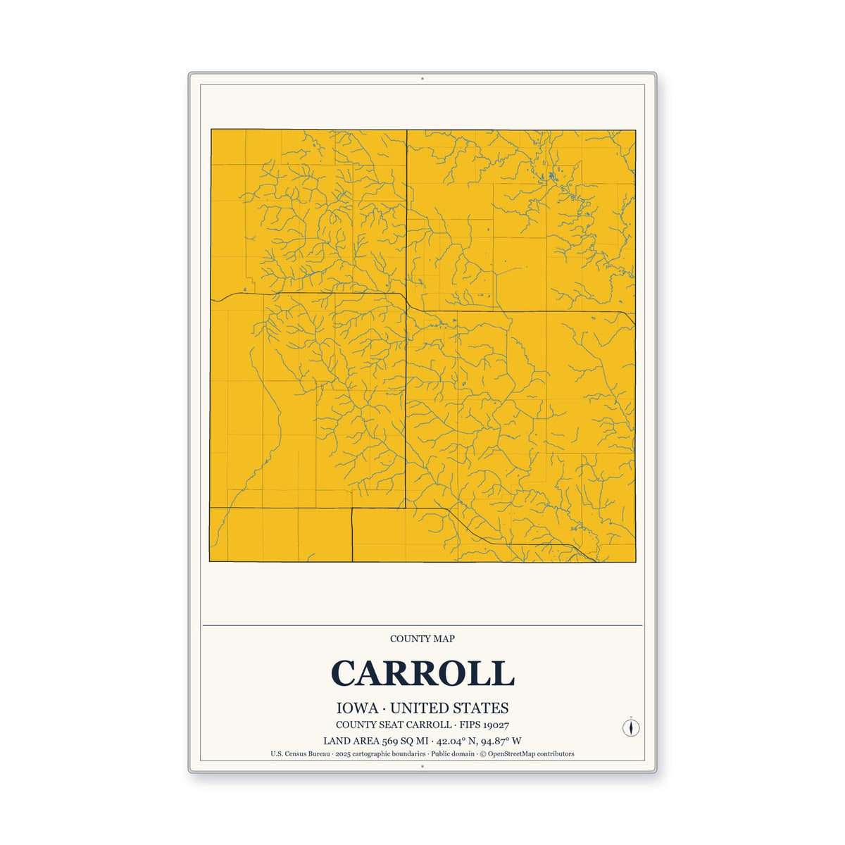 Carroll County, Iowa Map Aluminum Sign in Citrine Modern style
