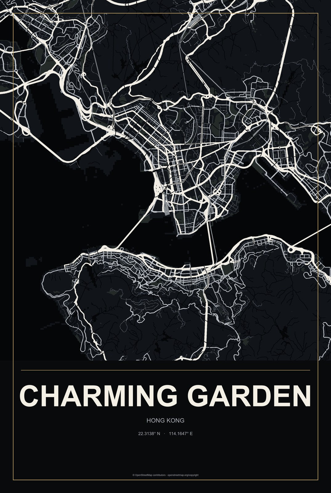 Charming Garden, Hong Kong City Map Aluminum Sign in Metropolitan Noir style
