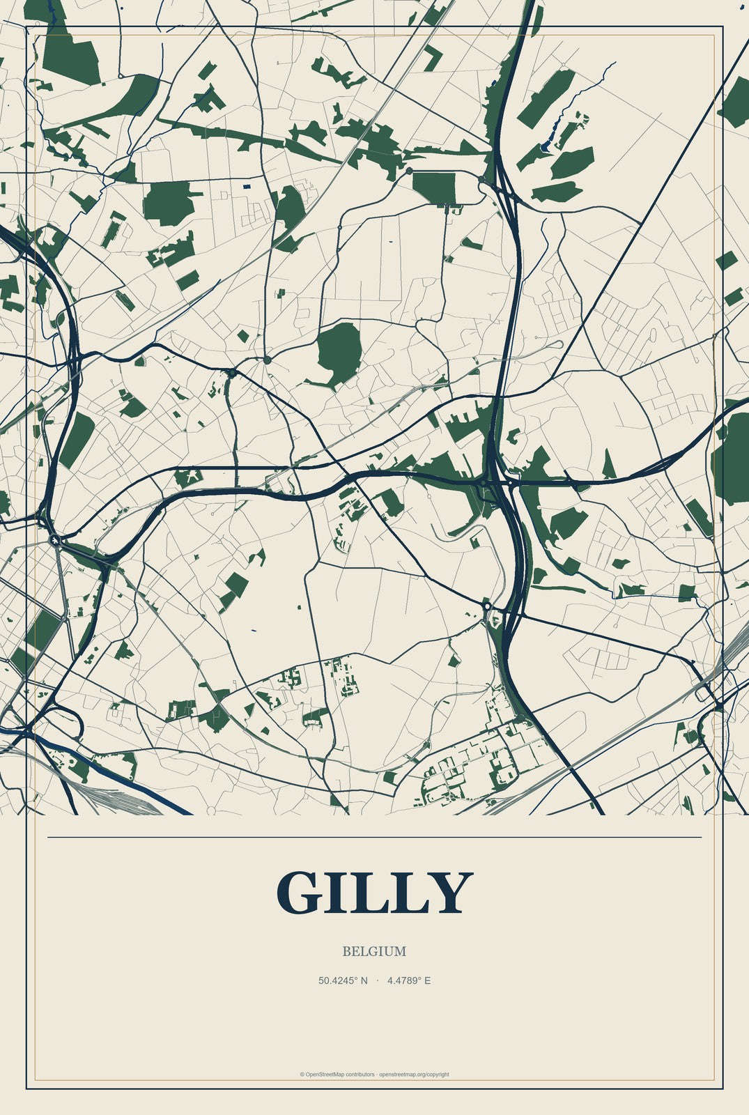 Gilly, Belgium City Map Aluminum Sign in Coastal Cutout style