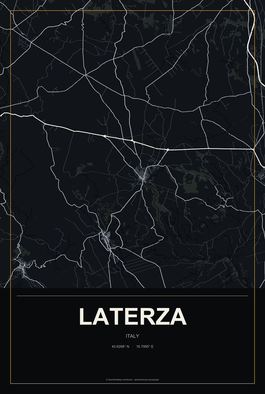 Laterza, Italy City Map Aluminum Sign in Metropolitan Noir style