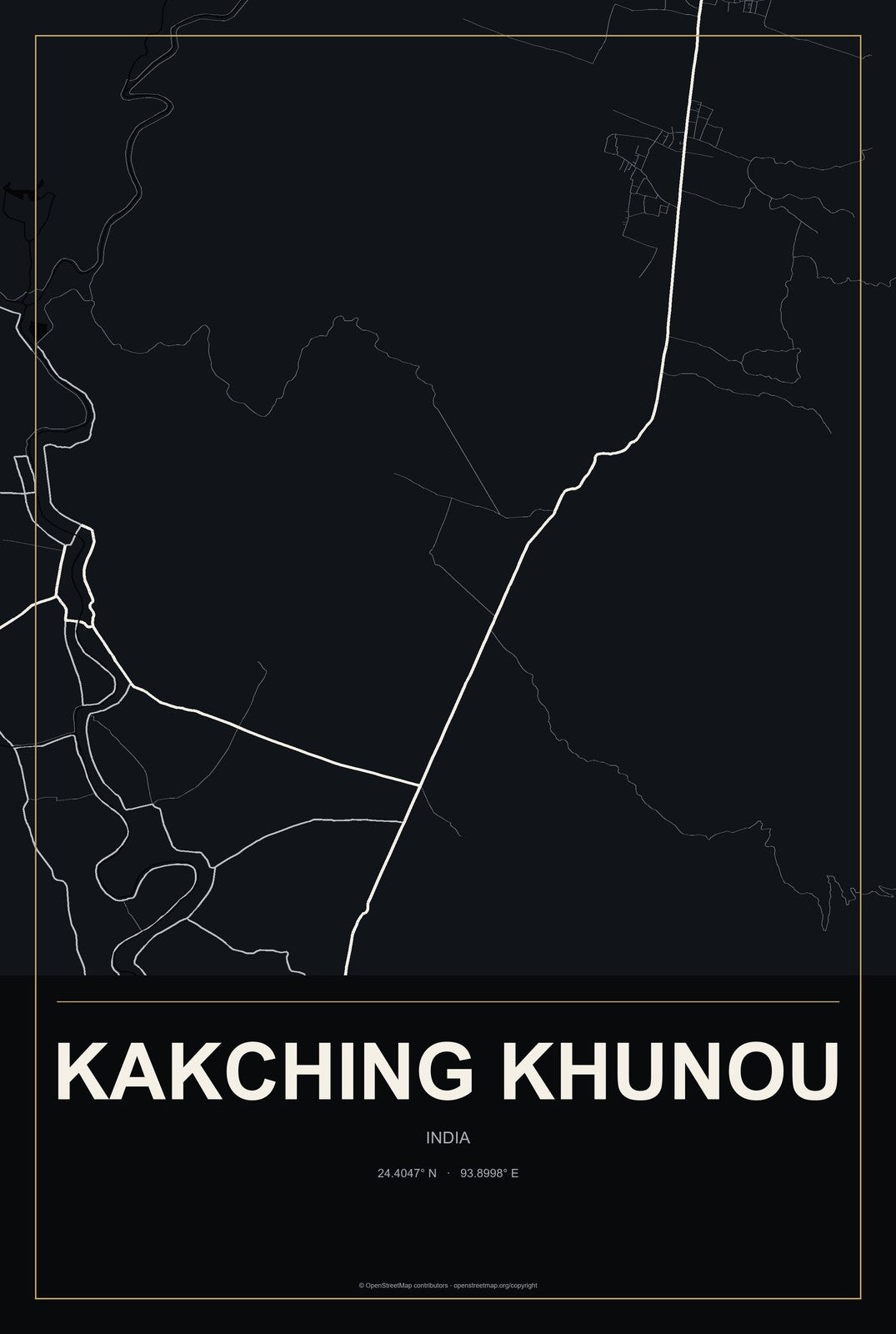 Kakching Khunou, India City Map Aluminum Sign in Metropolitan Noir style