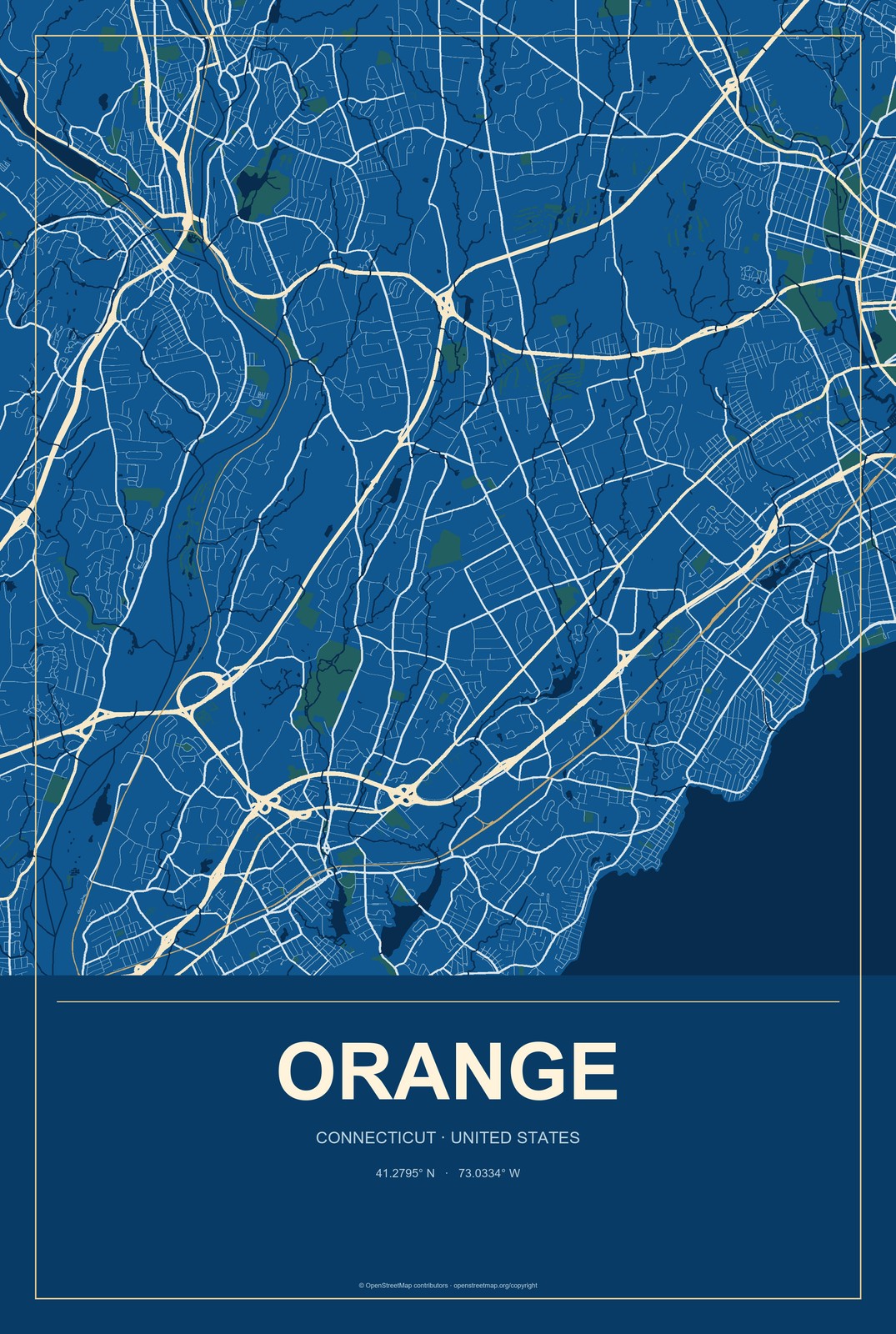 Orange, Connecticut City Map Aluminum Sign in Harbor Cobalt style