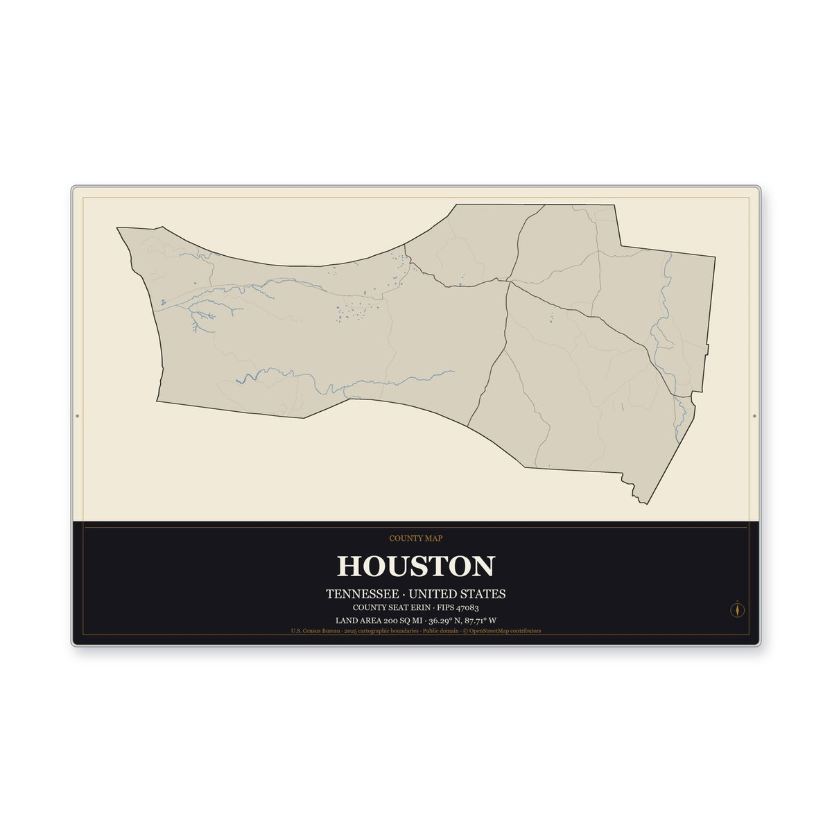 Houston County, Tennessee Map Aluminum Sign in Museum Plaque style