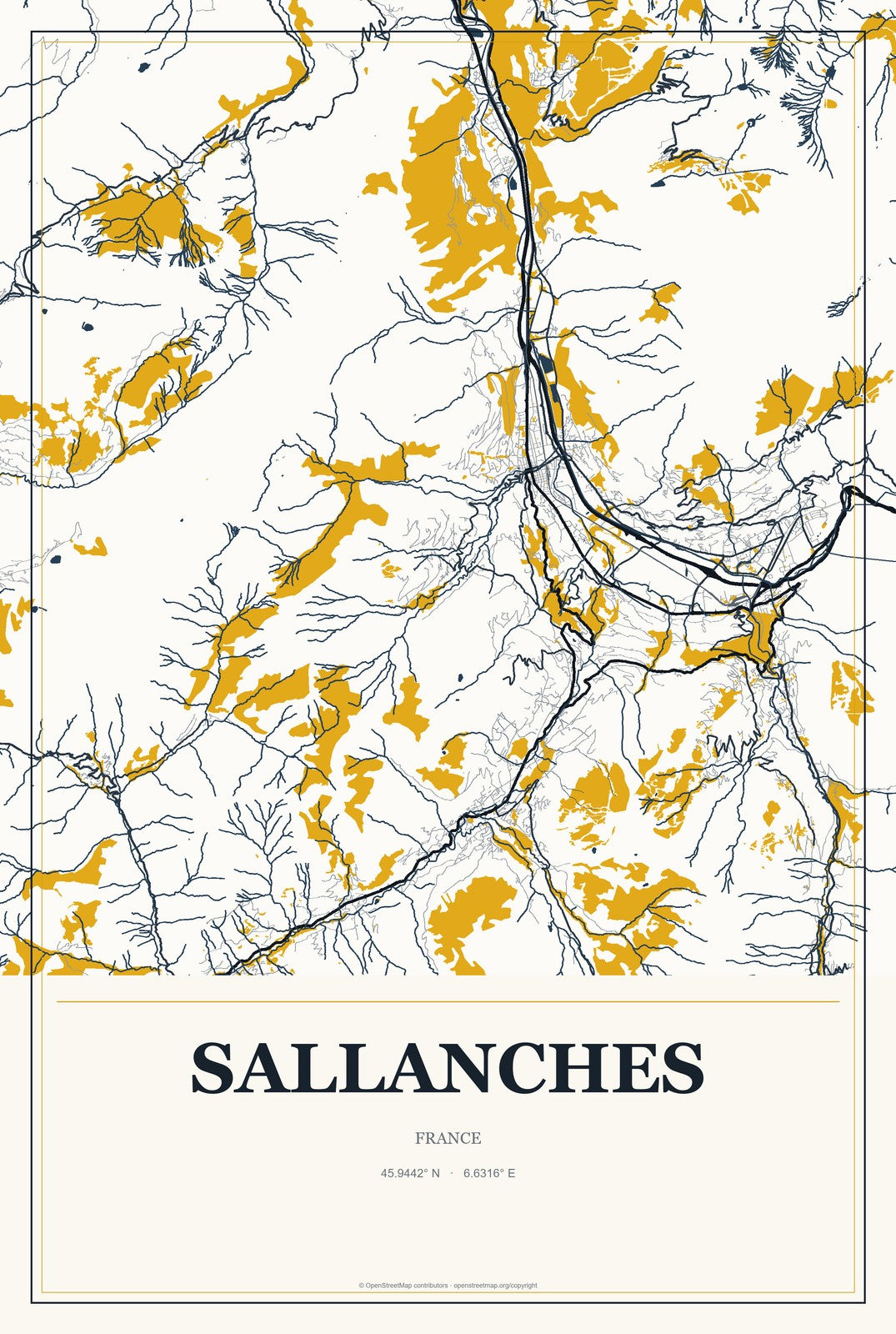 Sallanches, France City Map Aluminum Sign in Citrine Modern style