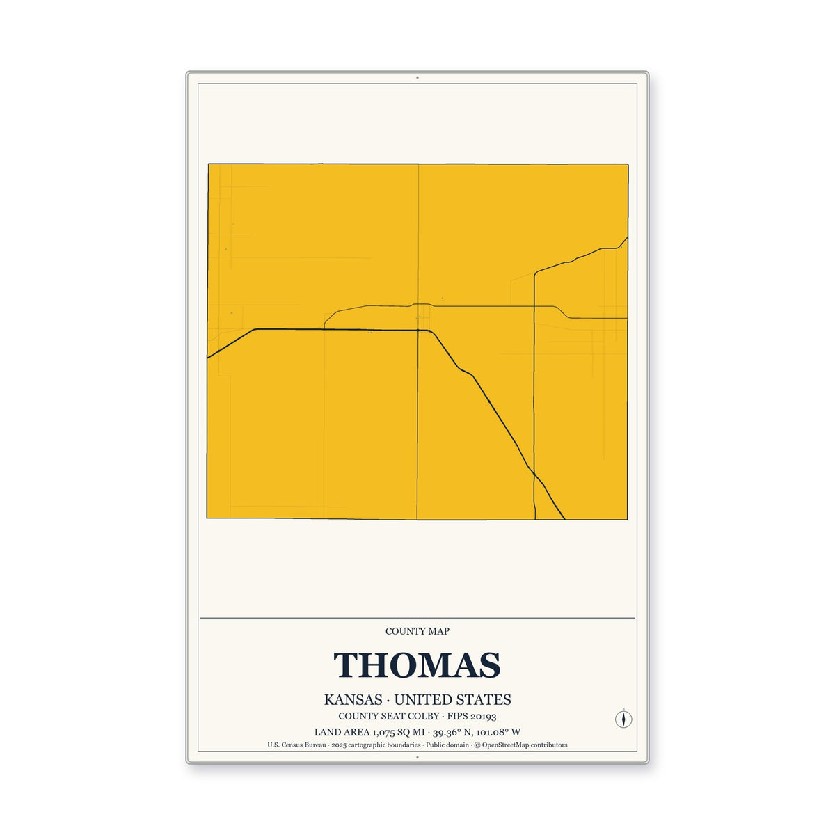 Thomas County, Kansas Map Aluminum Sign in Citrine Modern style