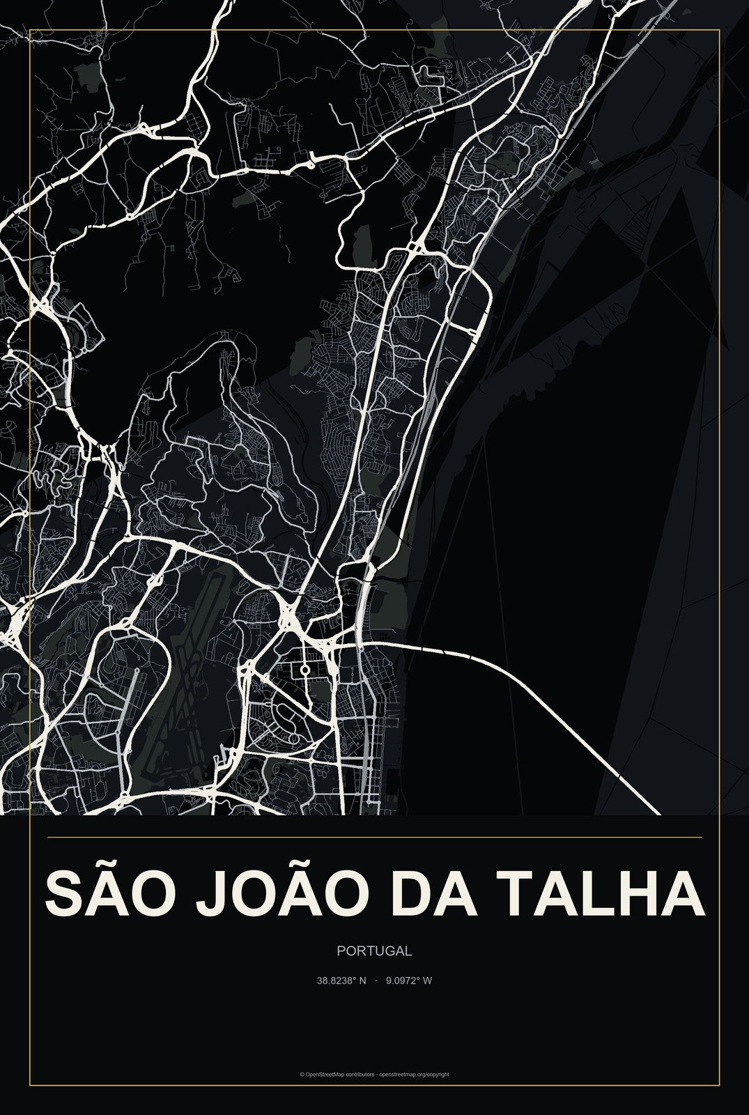 São João da Talha, Portugal City Map Aluminum Sign in Metropolitan Noir style